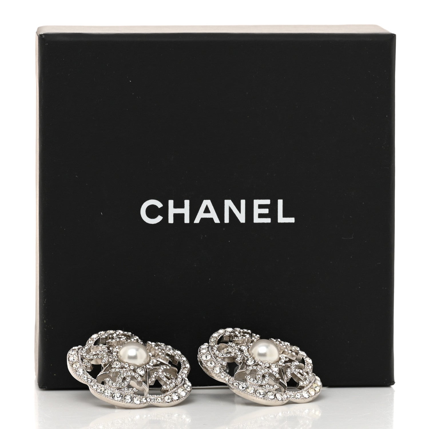 Chanel Crystal Pearl Large Camellia CC Earrings Silver 5 of 5