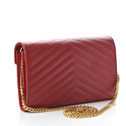 Saint Laurent Grain De Poudre Matelasse Chevron Monogram Chain Wallet Red 3 of 10