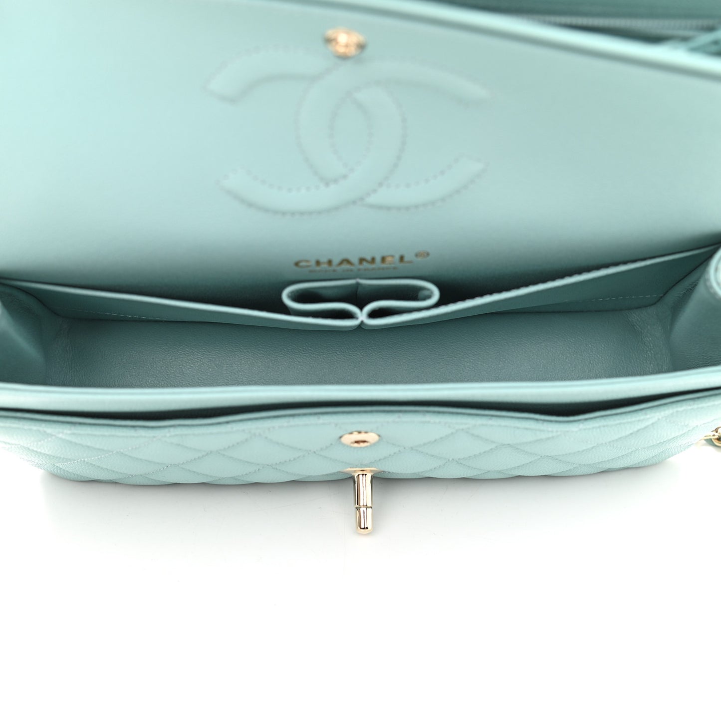 Caviar Quilted Medium Double Flap Light Blue