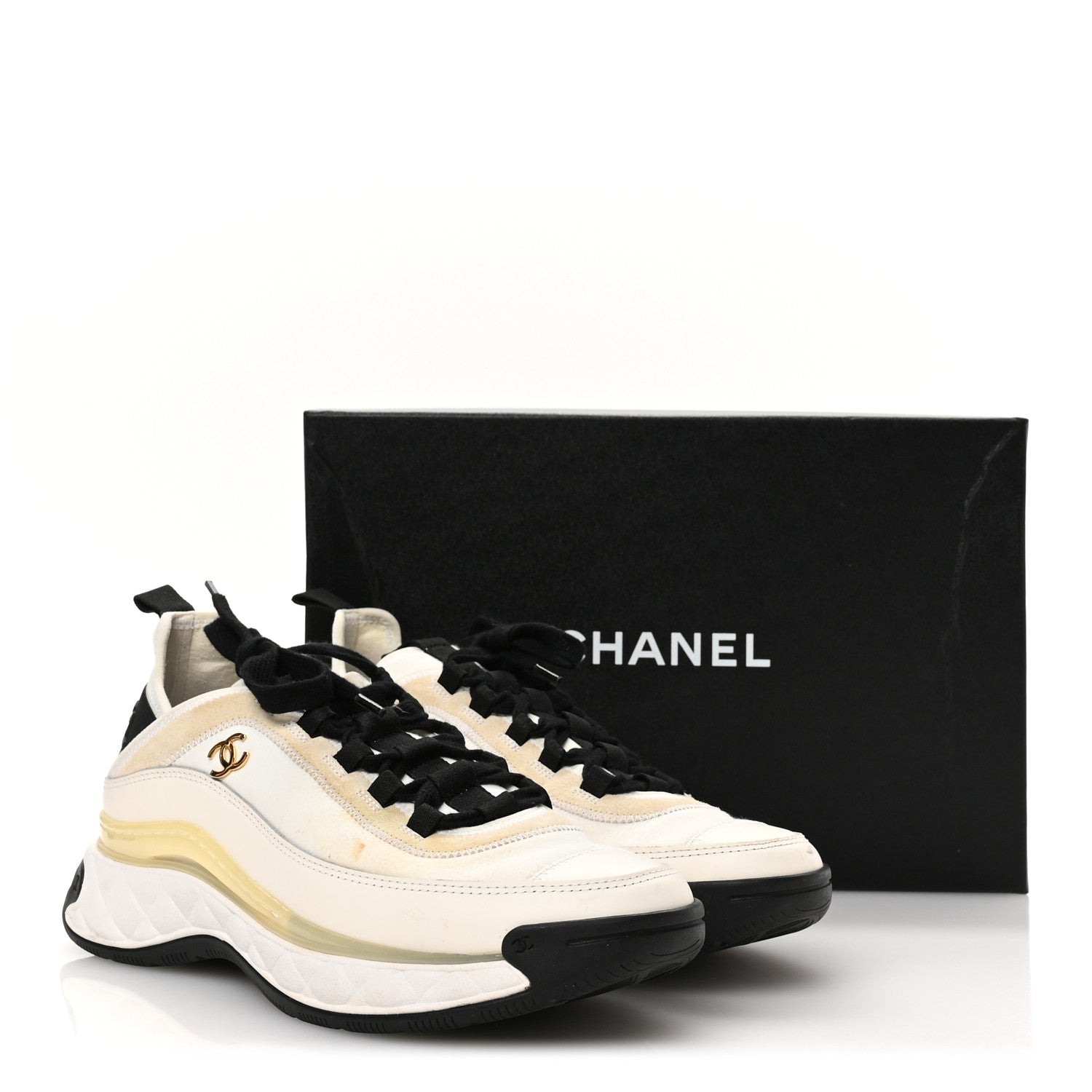Chanel Velvet Calfskin Mixed Fibers CC Sneakers 39 Ivory Black 8 of 9