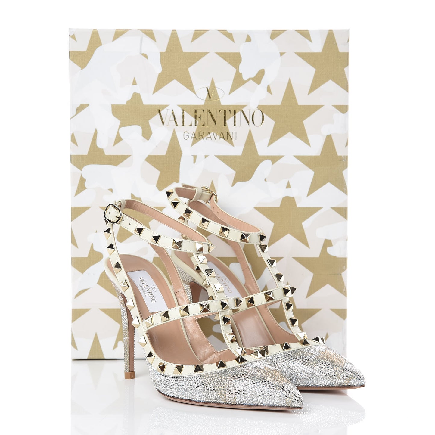 Nappa Crystal Camustars Rockstud Ankle Strap 100mm Pumps 37 Silver Gold