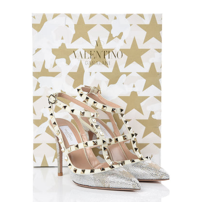 Valentino Garavani Nappa Crystal Camustars Rockstud Ankle Strap 100mm Pumps 37 Silver Gold 10 of 10
