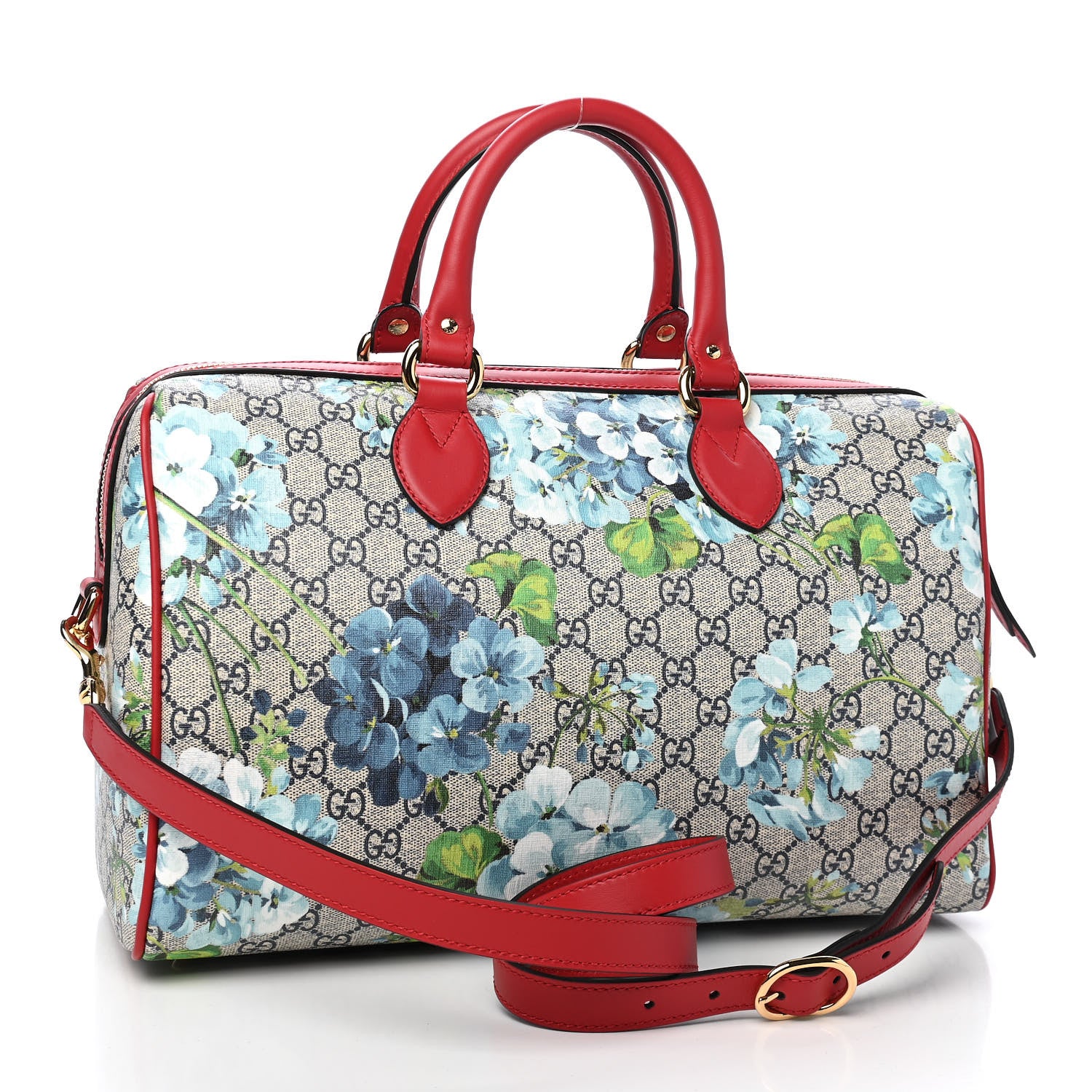 Gucci GG Supreme Monogram Blooms Medium Boston Beige Blue Navy Hibiscus Red 2 of 8