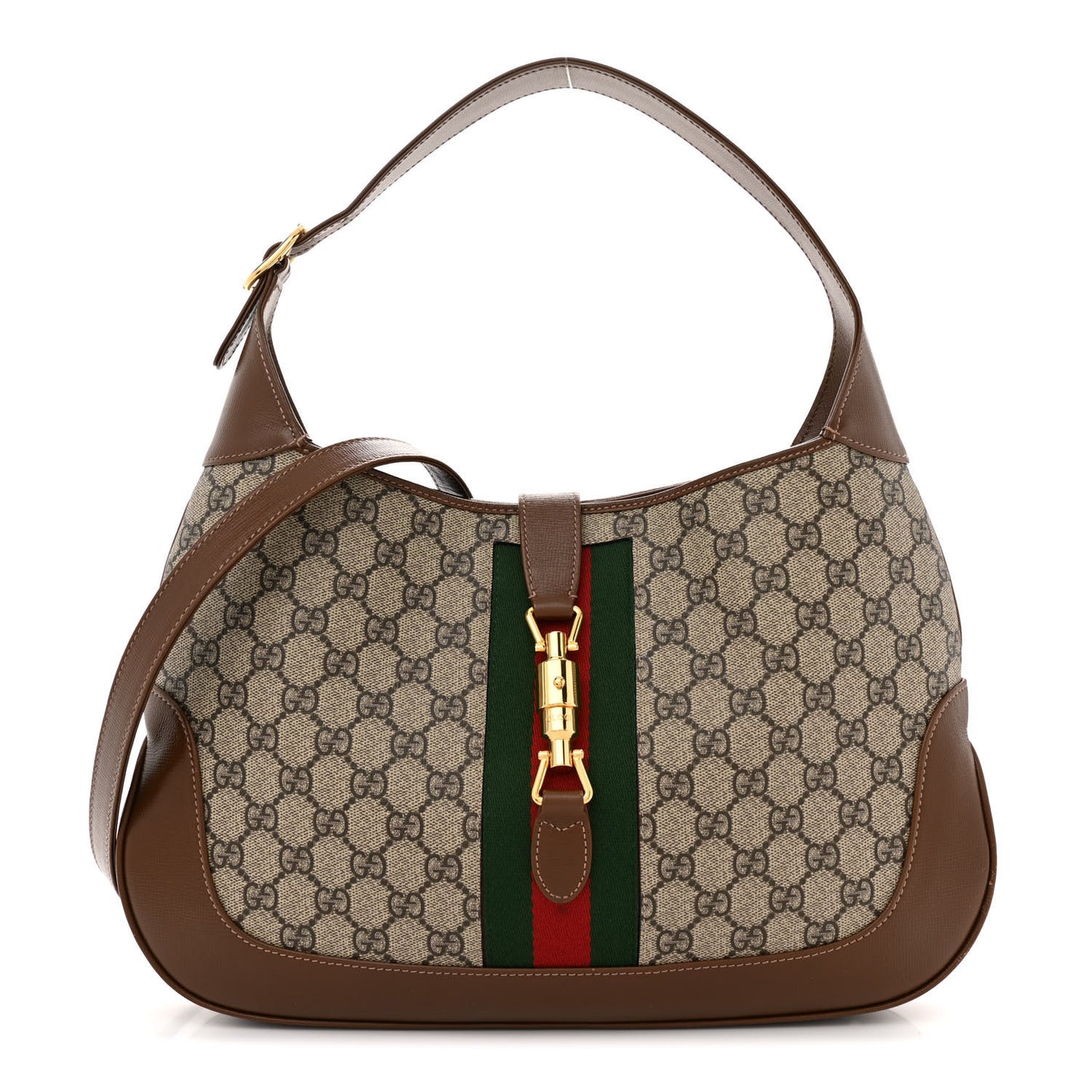 GG Supreme Monogram Azalea Calfskin Web Medium Jackie 1961 Hobo Beige Ebony Brown Sugar