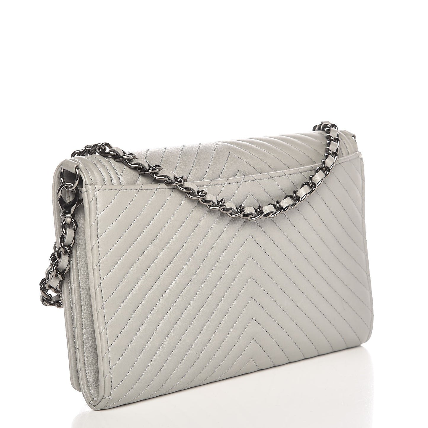 Calfskin Chevron Quilted Boy Wallet On Removable Chain WOC Grey