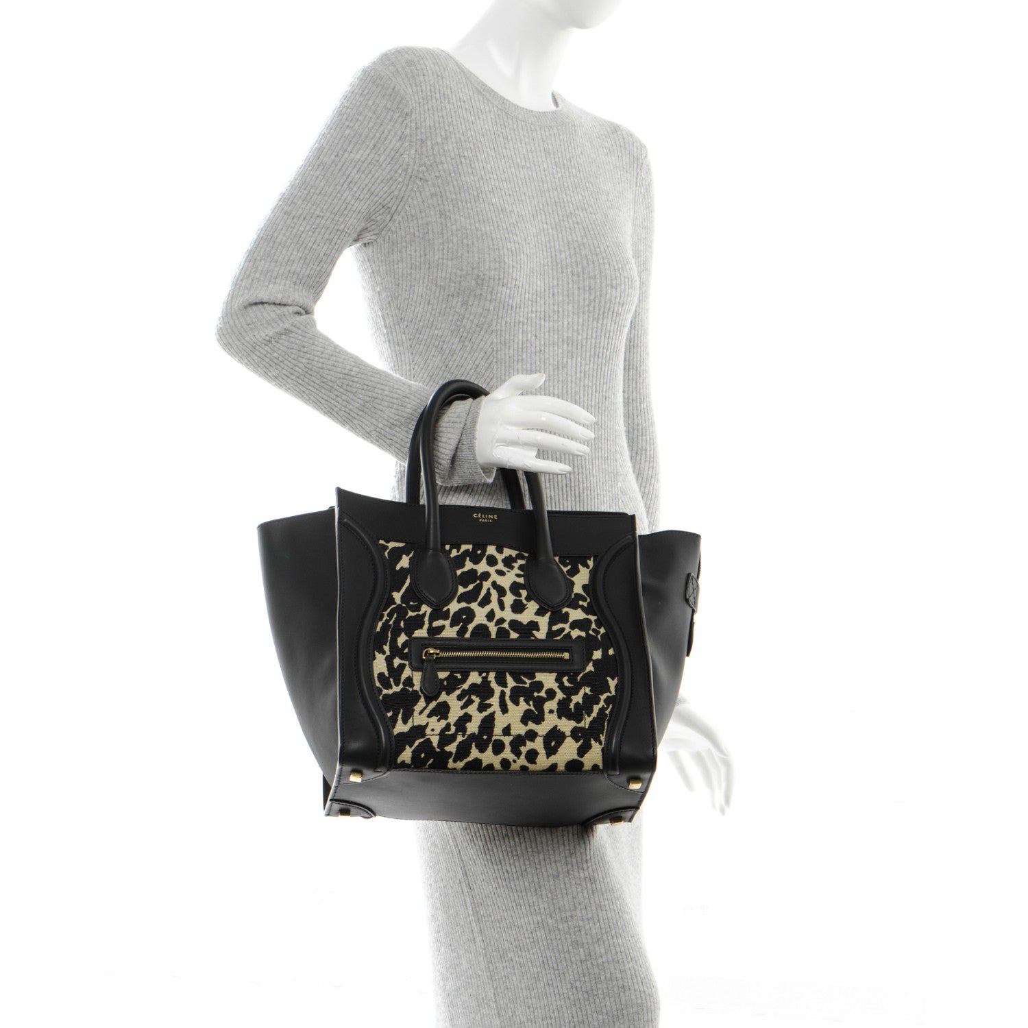 Celine Canvas Smooth Calfskin Leopard Print Mini Luggage Black 2 of 8