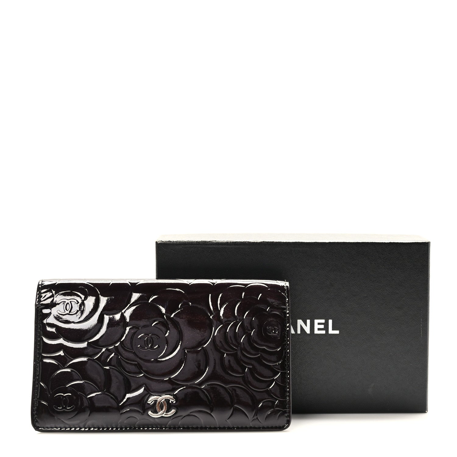 Chanel Patent Camellia Embossed Yen Wallet Black 10 of 10