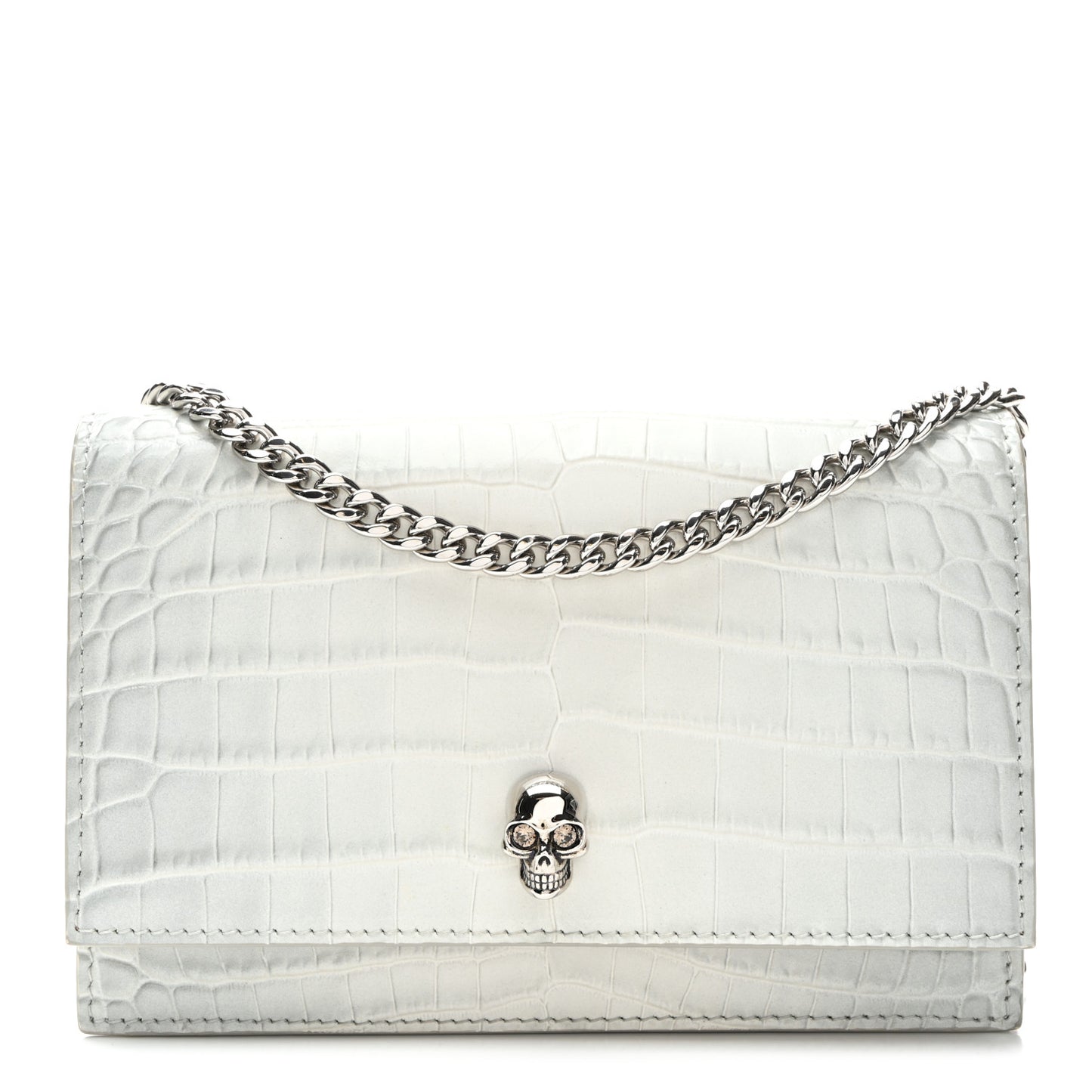 Calfskin Crocodile Embossed Skull Mini Crossbody Bag White