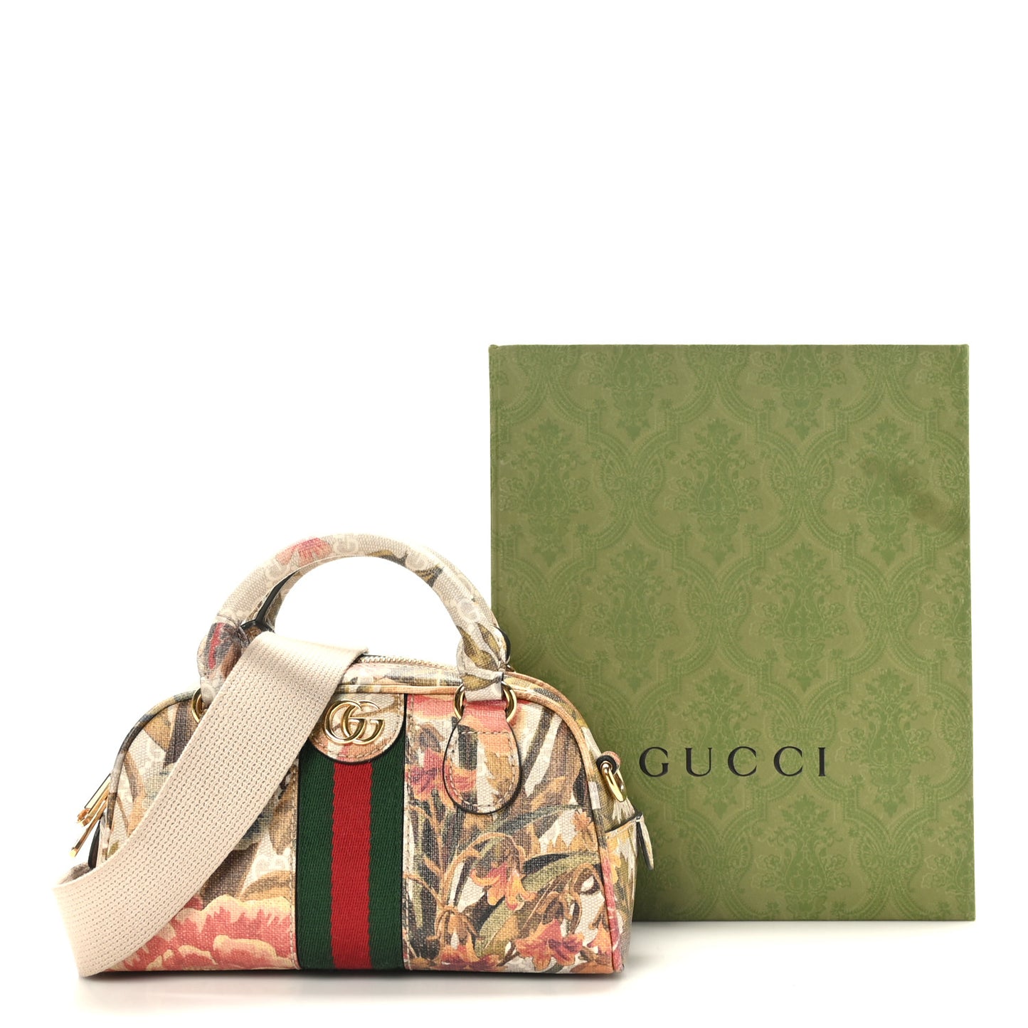 GG Supreme Monogram Water Flora Web Mini Ophidia Top Handle Bowler Bag Beige White Multicolor