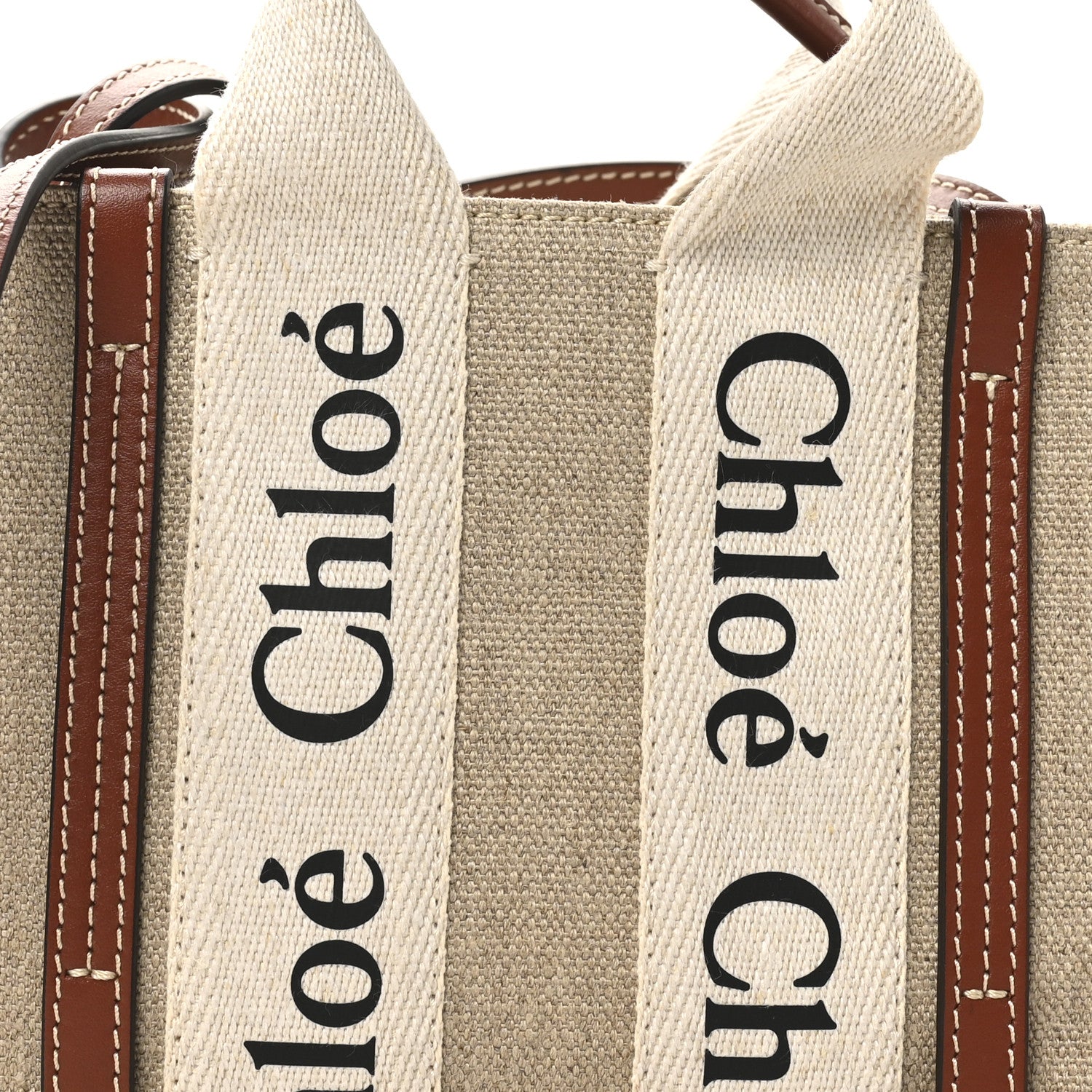 Chloe Linen Calfskin Mini Woody Ribbon Tote White Brown 7 of 9