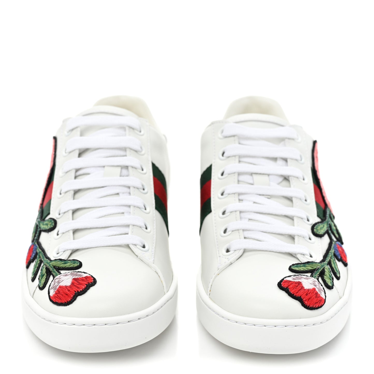 Calfskin Web Floral Embroidered Womens Ace Sneakers 37 White