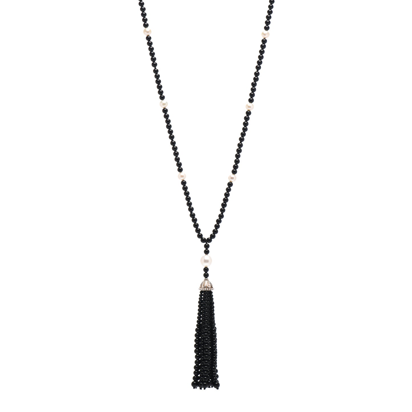 Sterling Silver Black Onyx Freshwater Pearl Ziegfeld Tassel Necklace