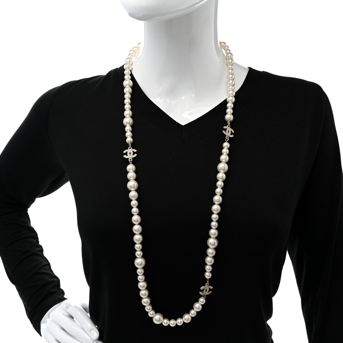 Crystal Pearl CC Long Necklace Gold