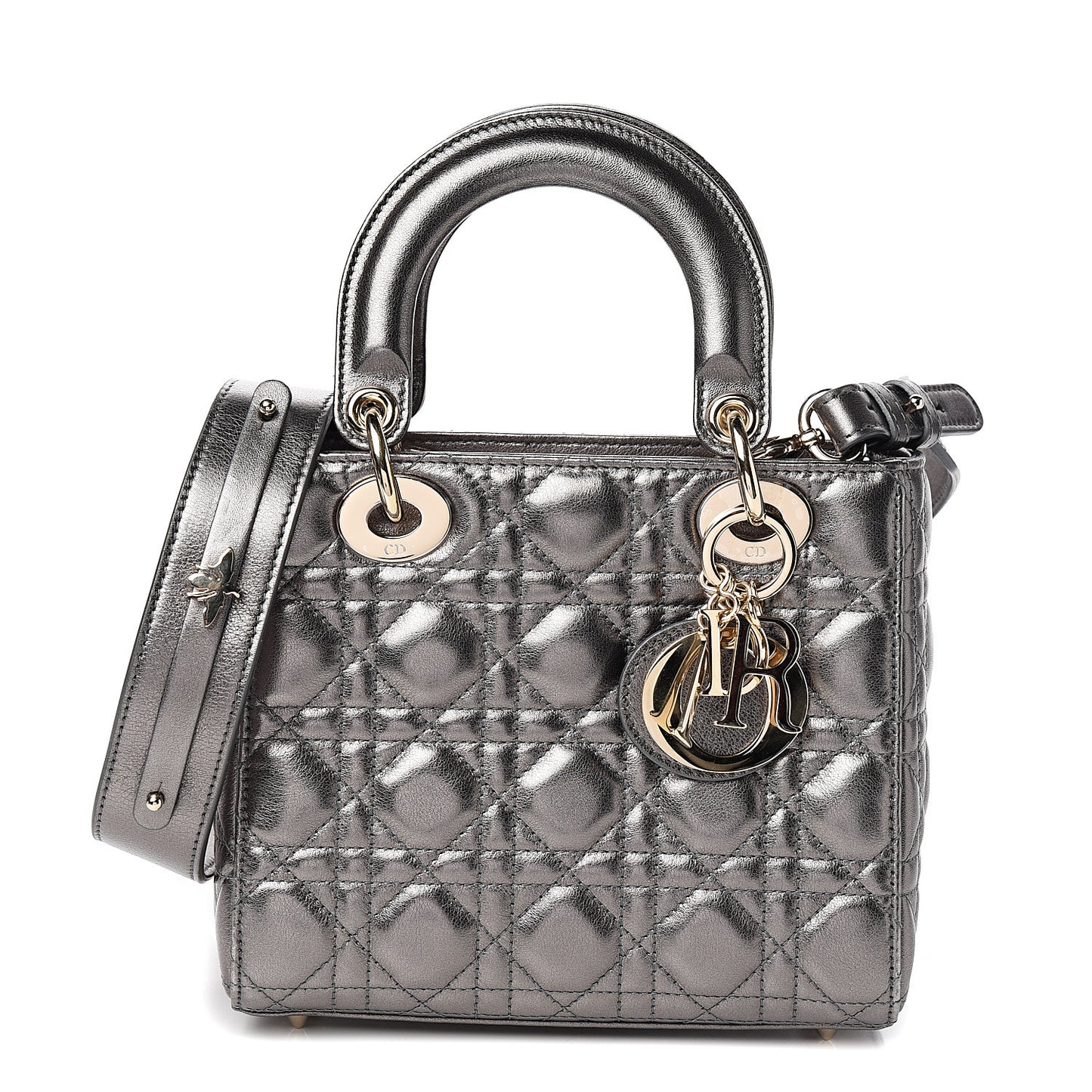 Metallic Grained Calfskin Cannage Small Lady Dior Gunmetal