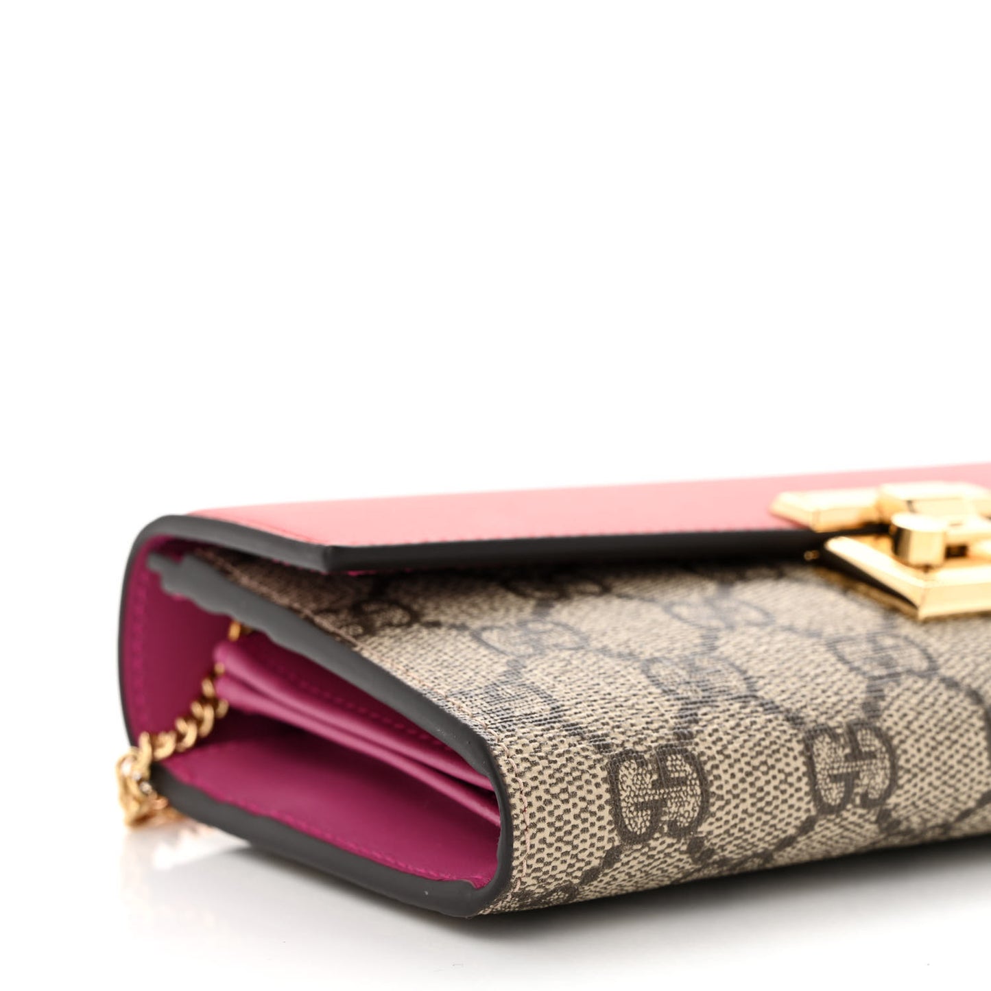 GG Supreme Monogram Moon Calfskin Padlock Continental Chain Wallet Beige Ebony Hibiscus Red New Rosette
