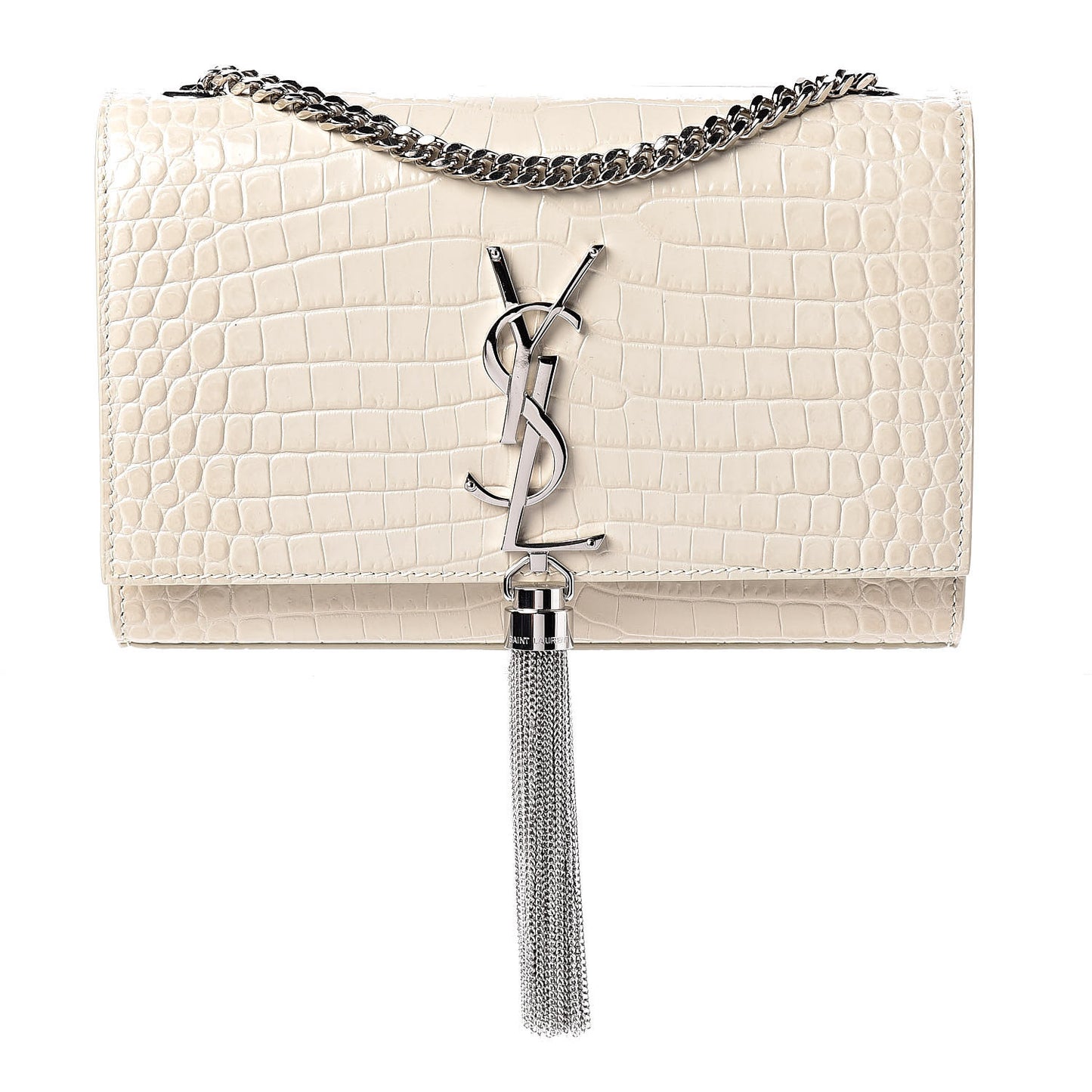 Croc Calfskin Embossed Small Classic Monogram Kate Tassel Satchel Mouse Grey