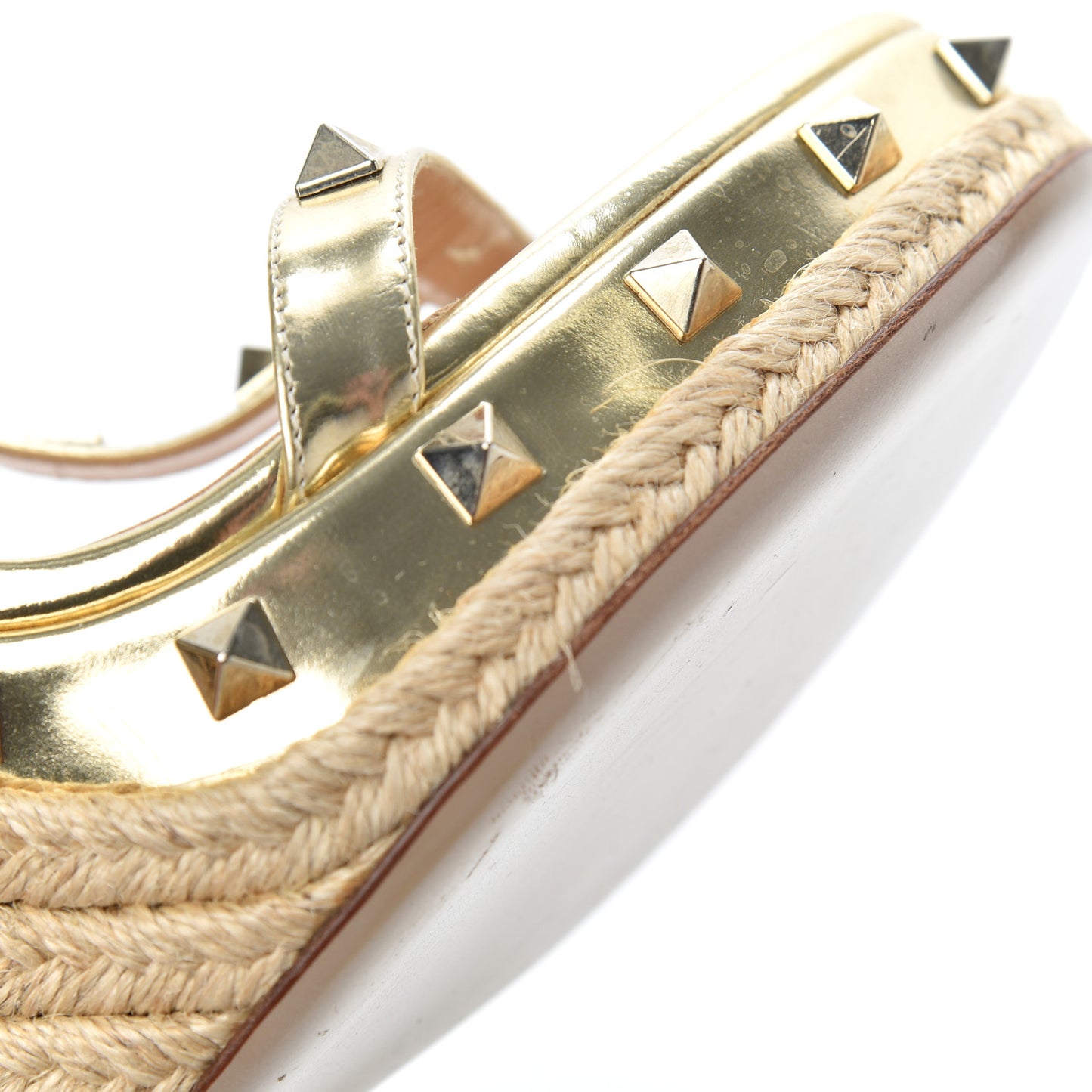 Metallic Calfskin Raffia Rockstud T-Strap Slingback Espadrille Wedge Sandals 39 Gold