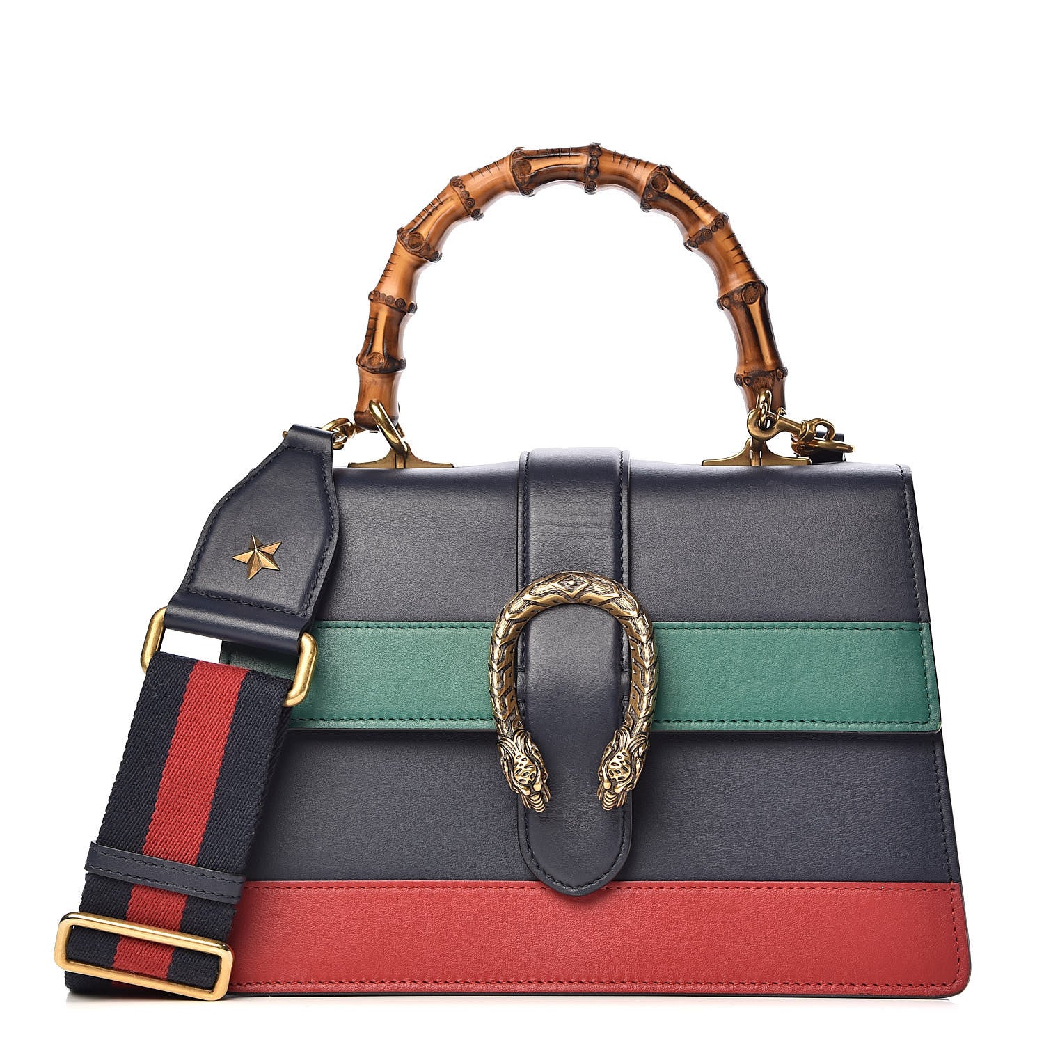 Gucci Moon Calfskin Bamboo Web Medium Dionysus Top Handle Bag Blue Emerald Hibiscus Red 1 of 13