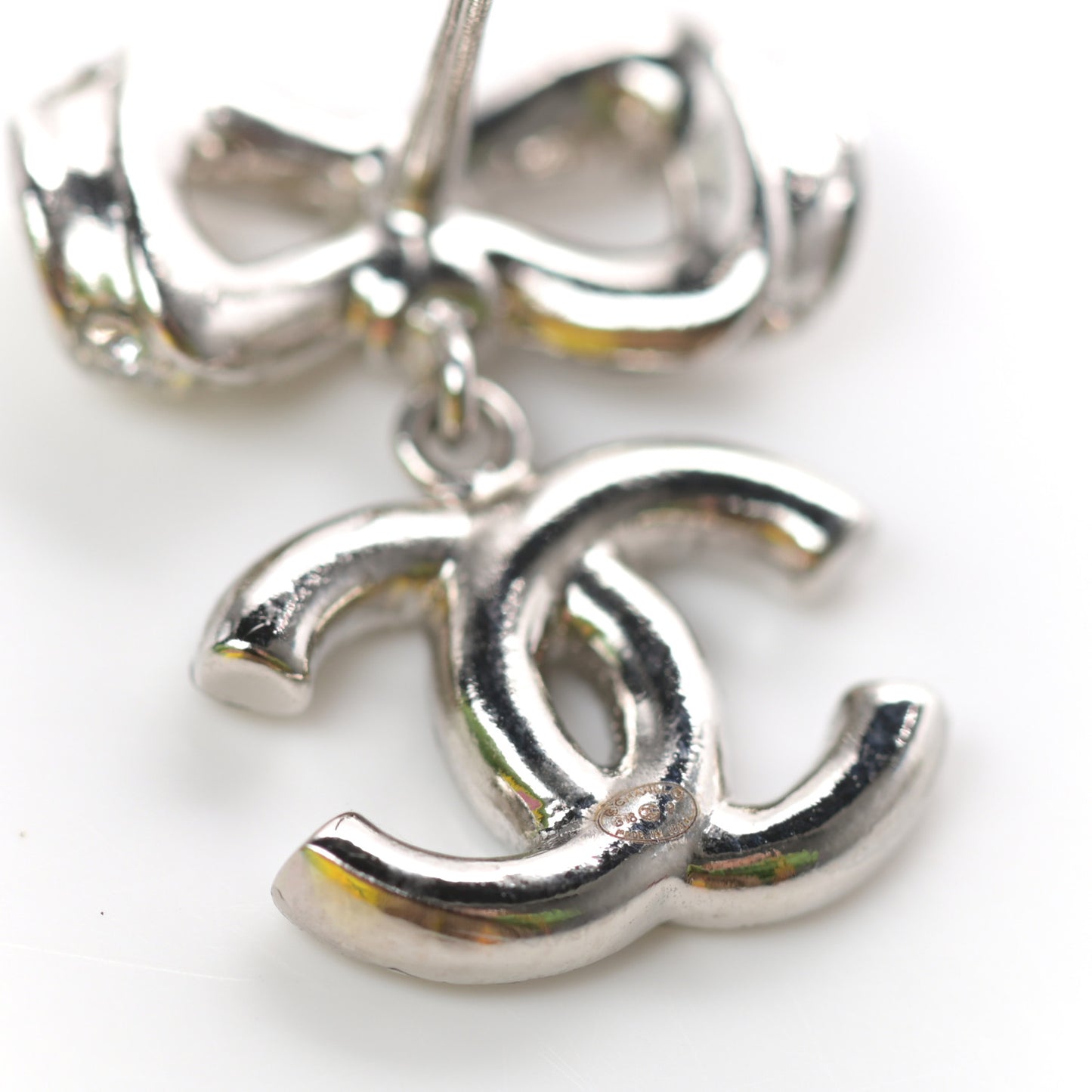 Crystal CC Bow Dangle Earrings Silver