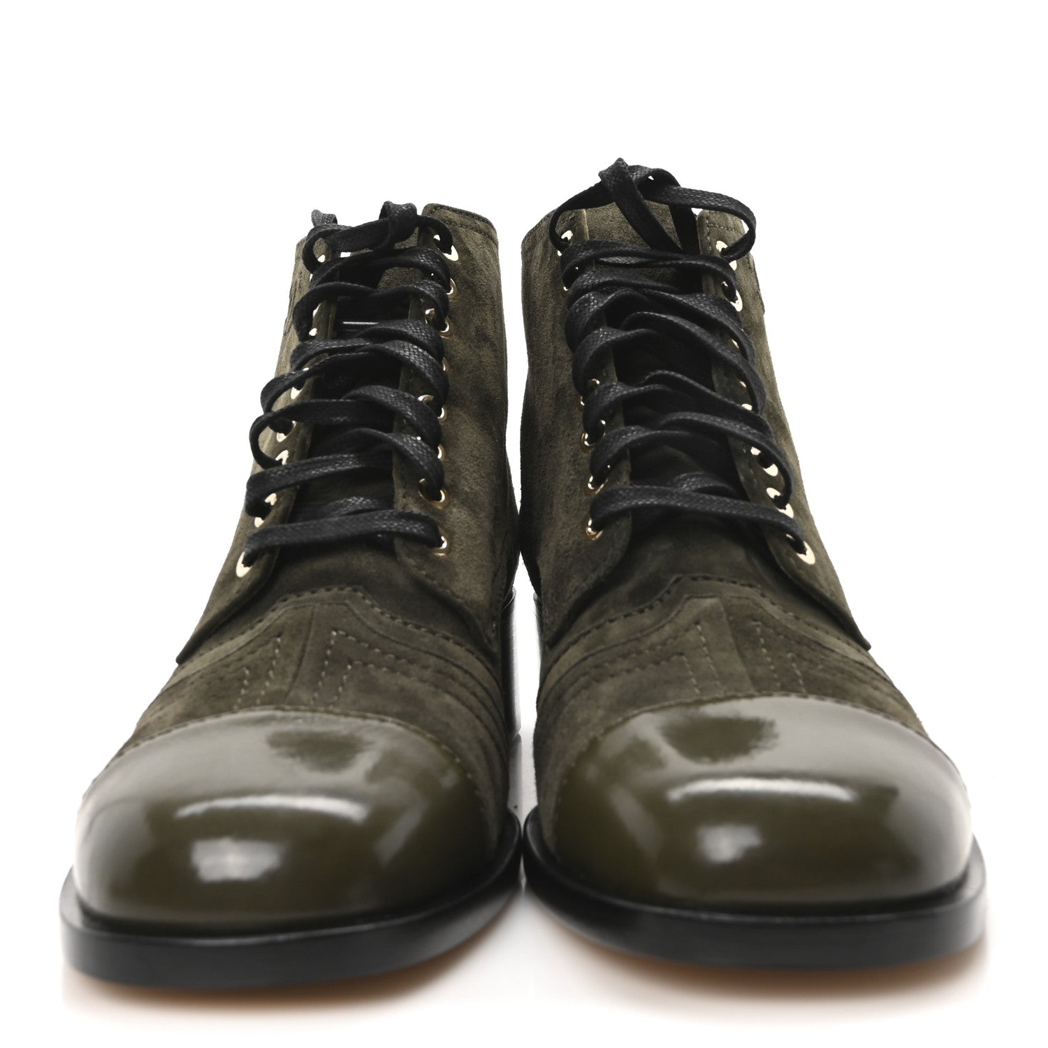 Chanel Suede Patent Cap Toe CC Boots 40 Khaki 3 of 9
