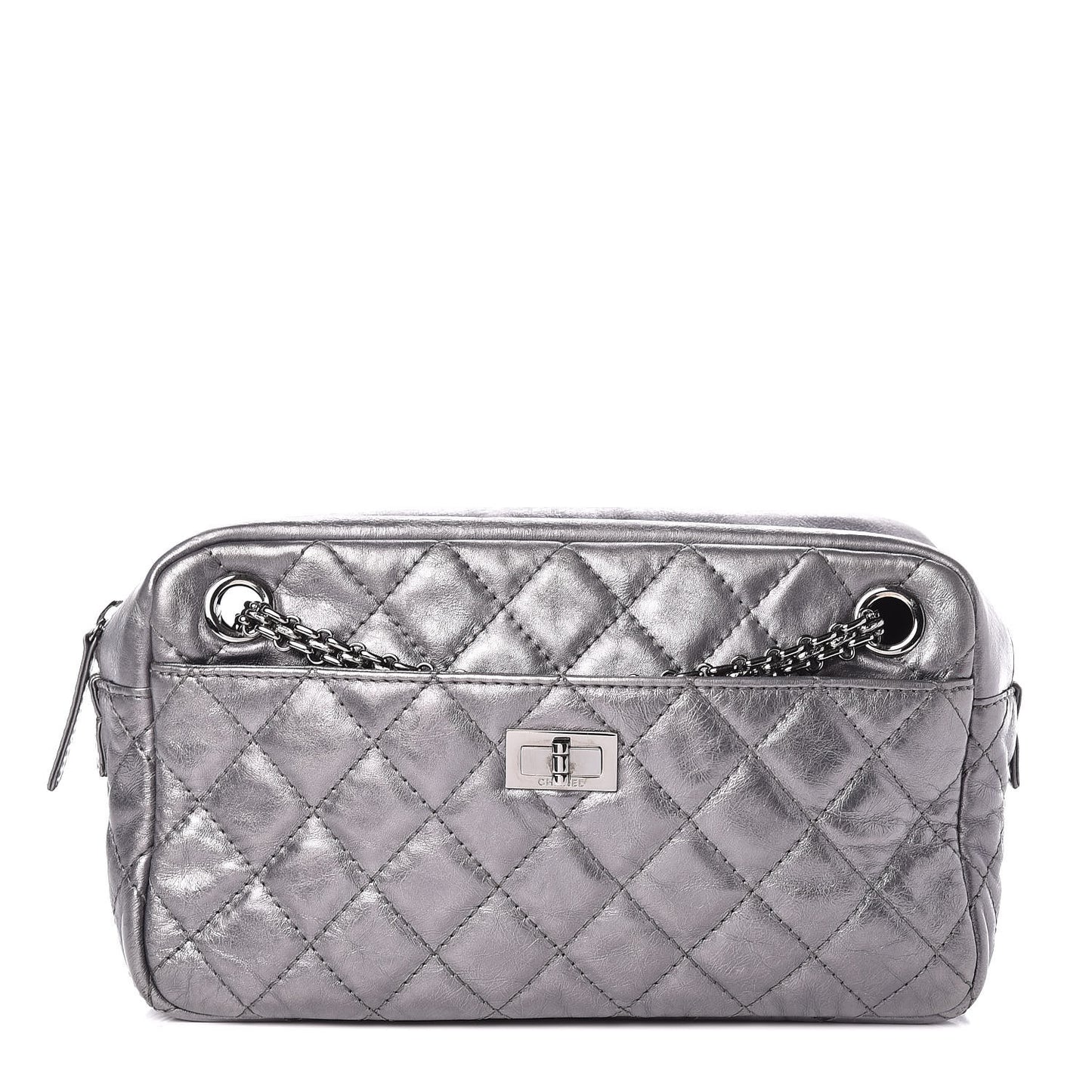 Metallic Aged Calfskin Quilted Medium Reissue Camera Case Dark Silver