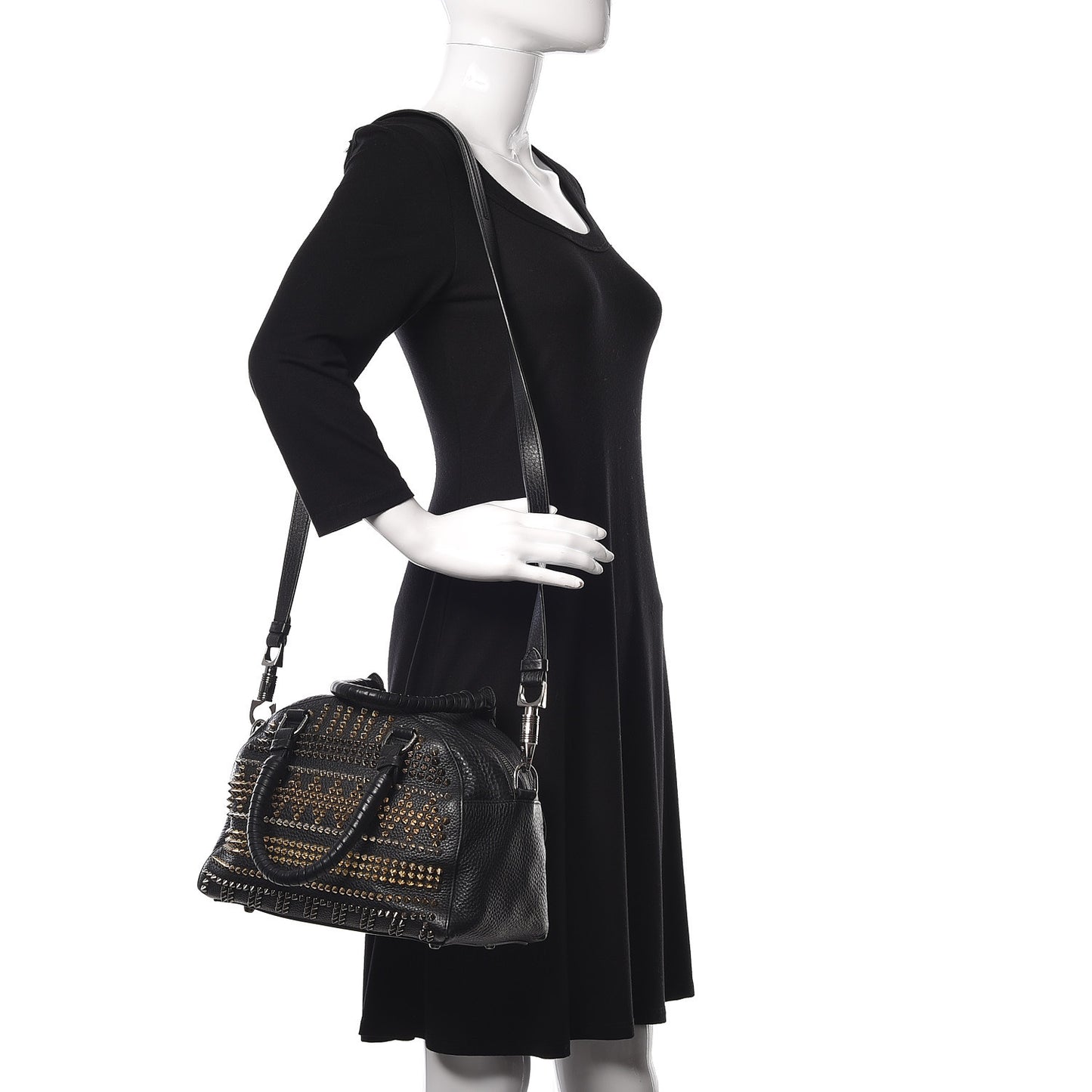 Calfskin Mix Chevron Spikes Small Panettone Bowling Bag Black