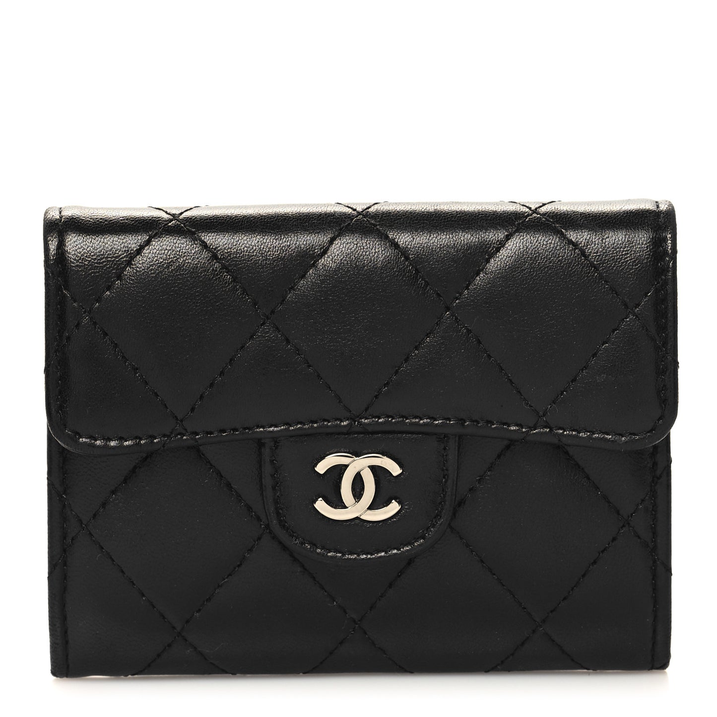 Lambskin Quilted Flap Card Holder Wallet Black