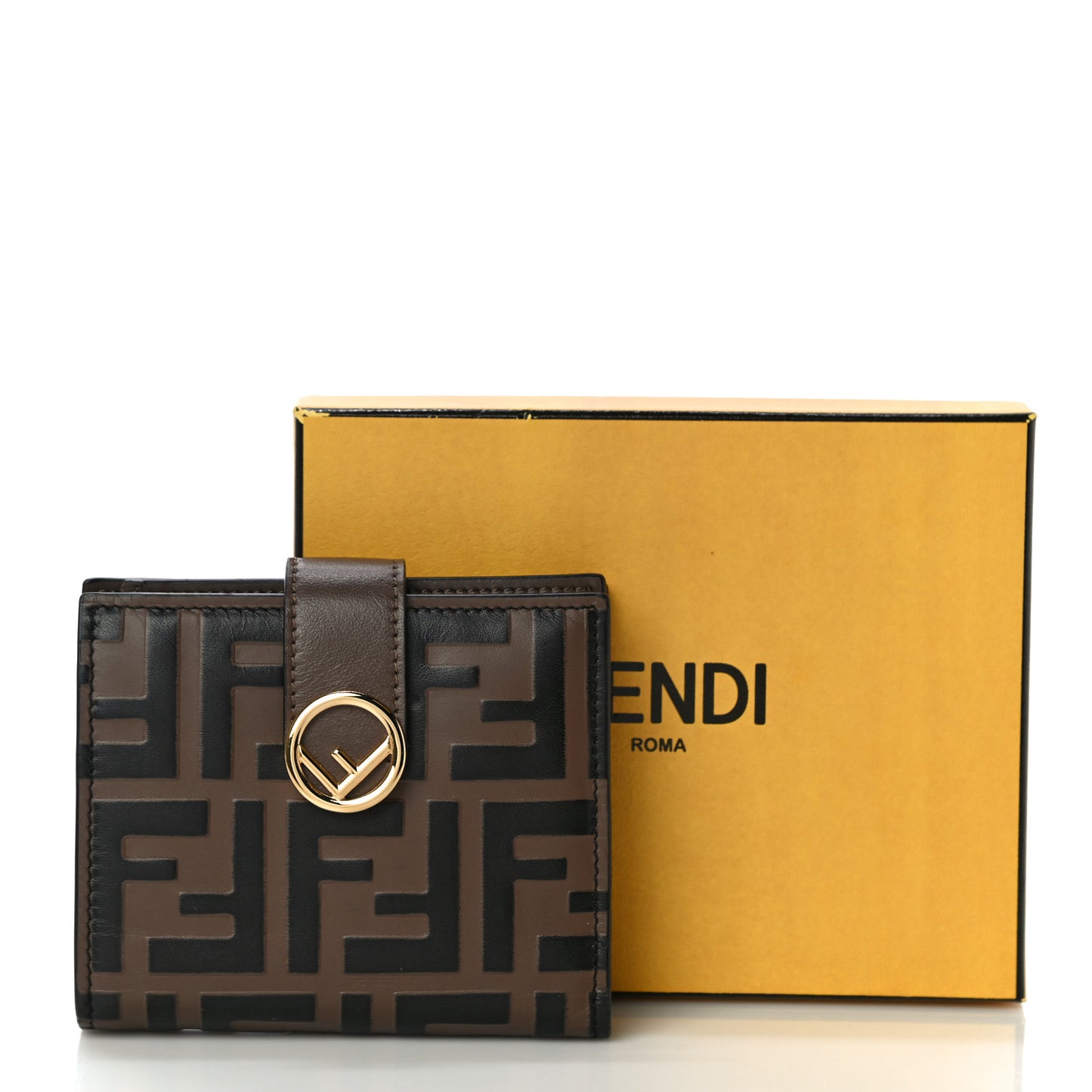 Vitello Soft F is Fendi Bi-Color FF 1974 Embossed Compact Wallet Maya Black
