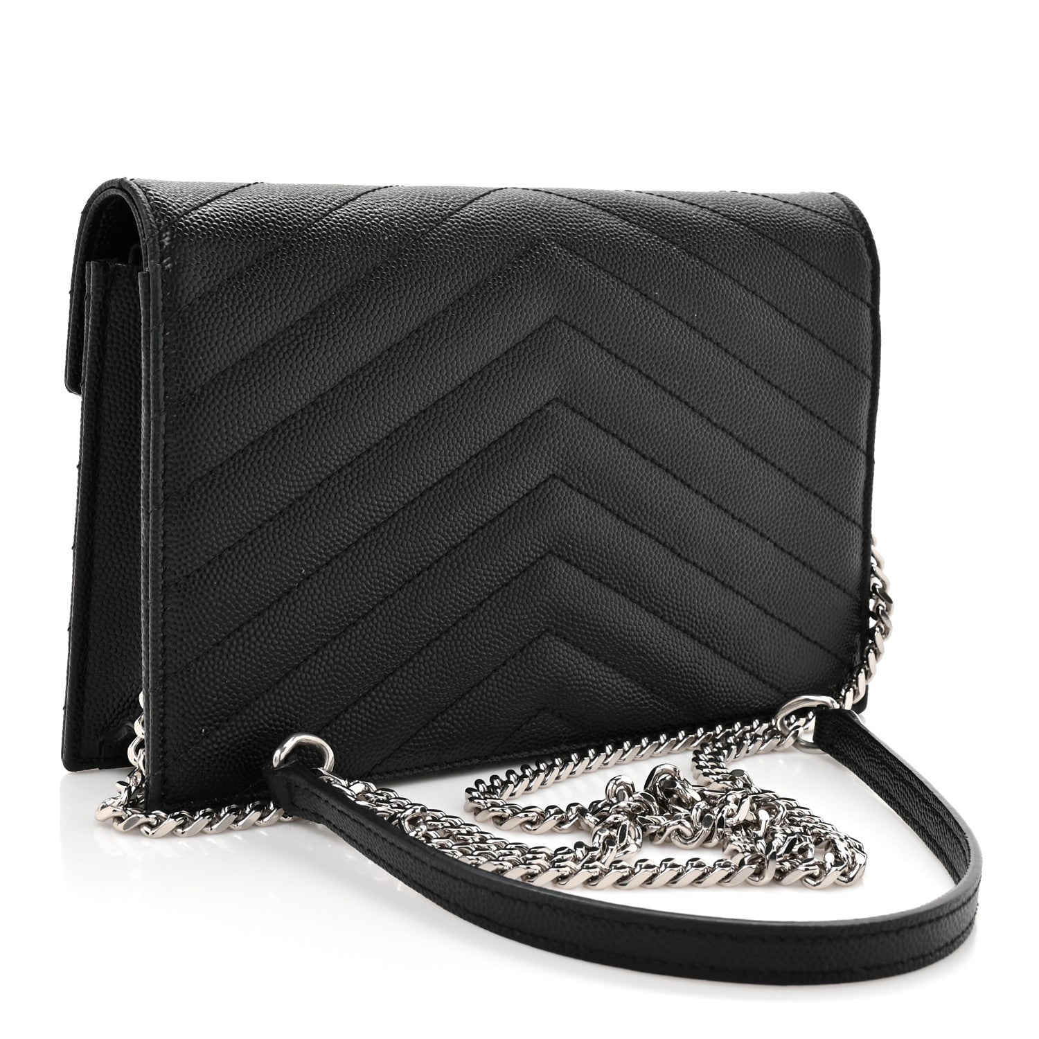 Saint Laurent Grain De Poudre Matelasse Chevron Monogram Envelope Chain Wallet Black 3 of 13