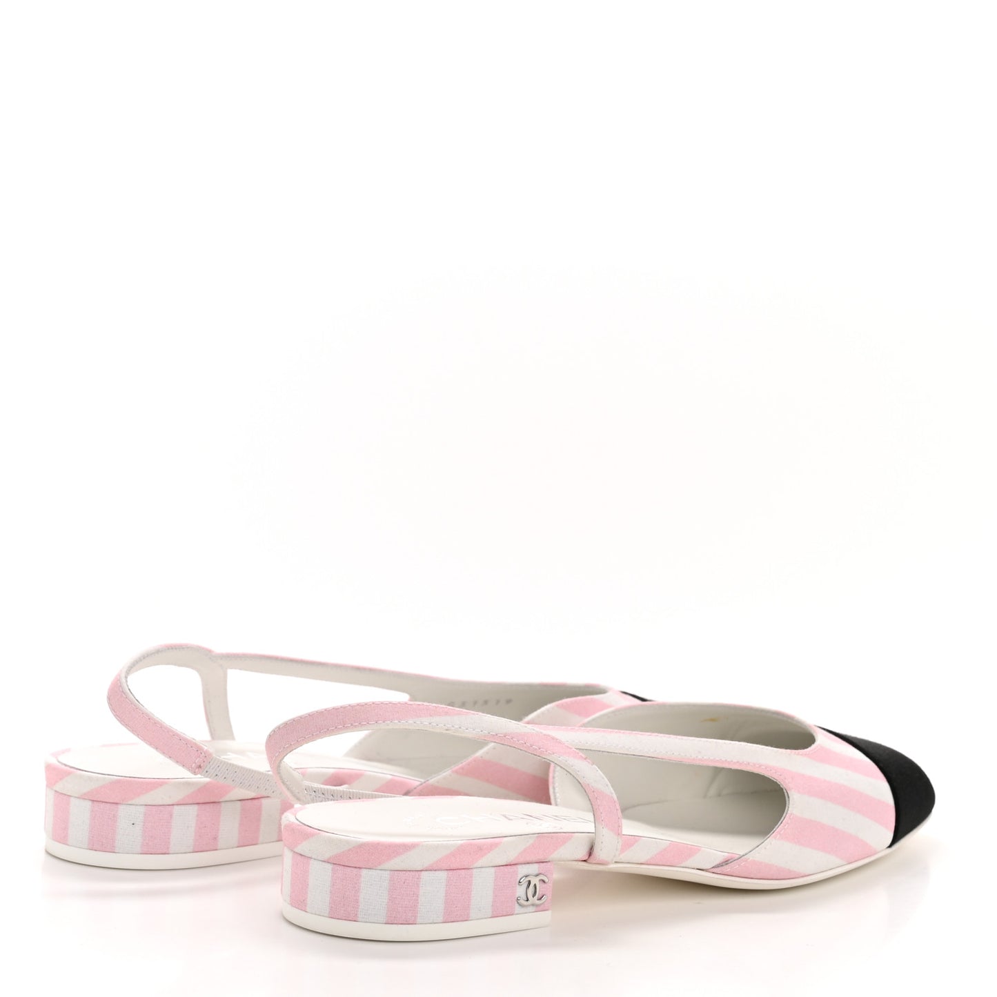 Printed Fabric Grosgrain Cap Toe Slingback Flats 37 White Pink Black
