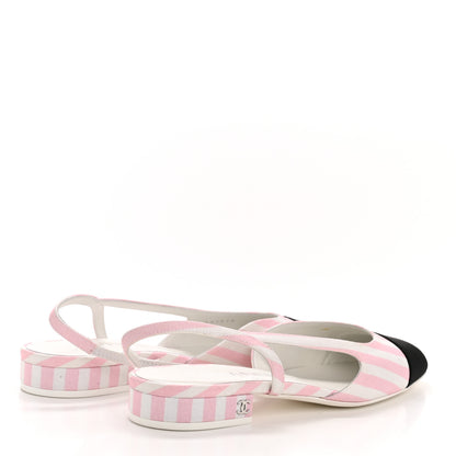 Chanel Printed Fabric Grosgrain Cap Toe Slingback Flats 37 White Pink Black 5 of 11