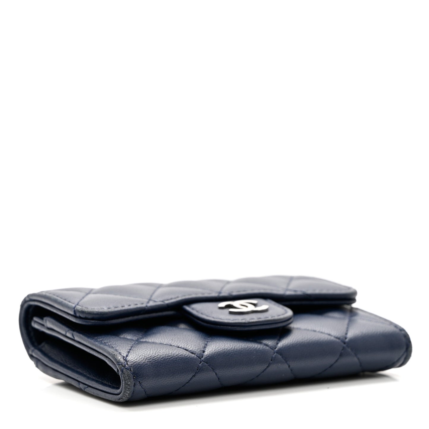 Lambskin Quilted Flap Card Holder Wallet Navy