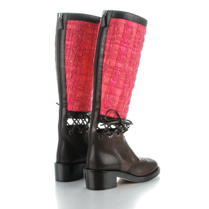 Chanel Tweed Calfskin Lace Up Knee High Boots 37.5 Fuchsia Brown 4 of 7