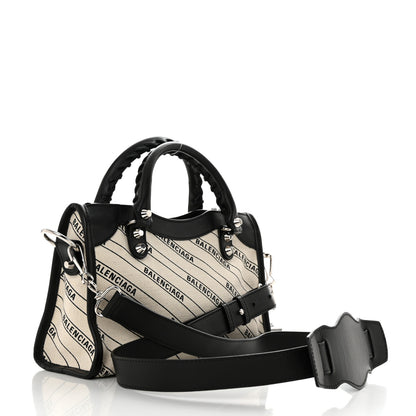 Balenciaga Canvas Satin Calfskin Diagonal Allover Logo Print Classic Silver Hardware Mini City Natural Black 4 of 12