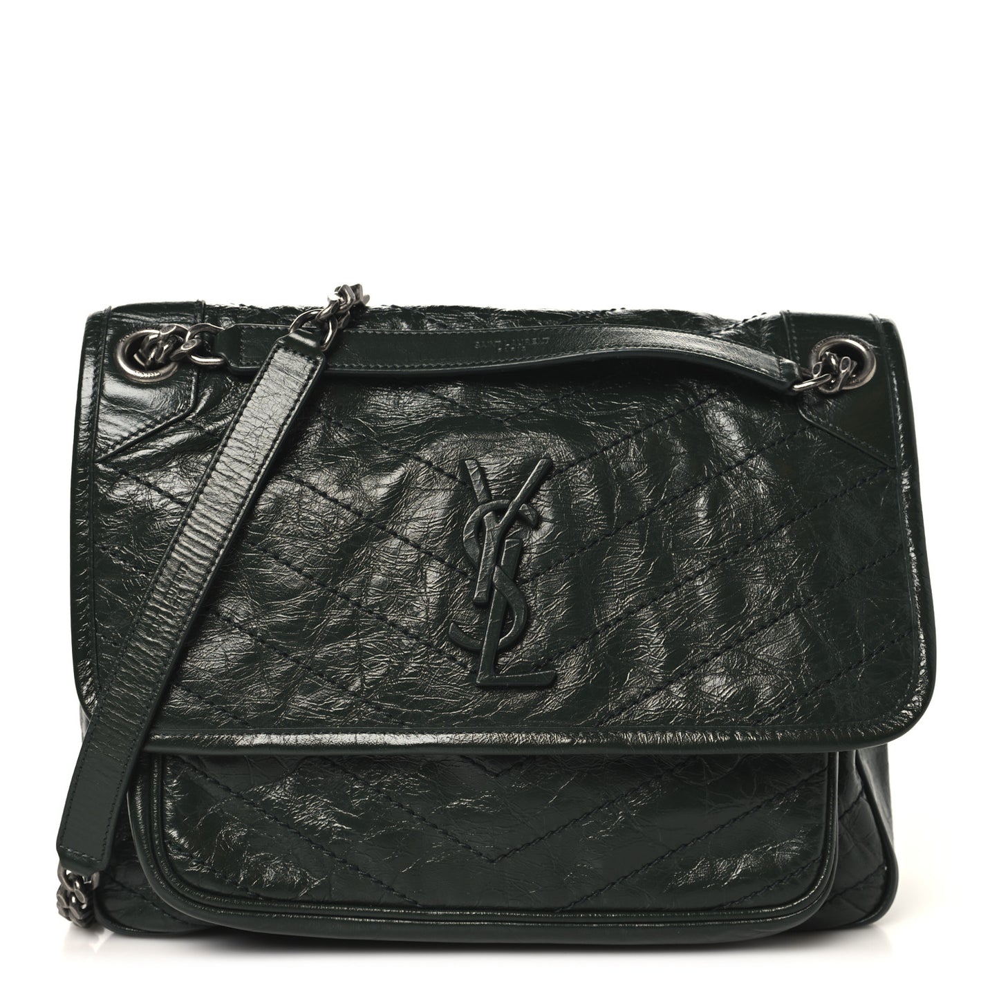 Crinkled Lambskin Matelasse Monogram Medium Niki Chain Satchel Vert Fonce