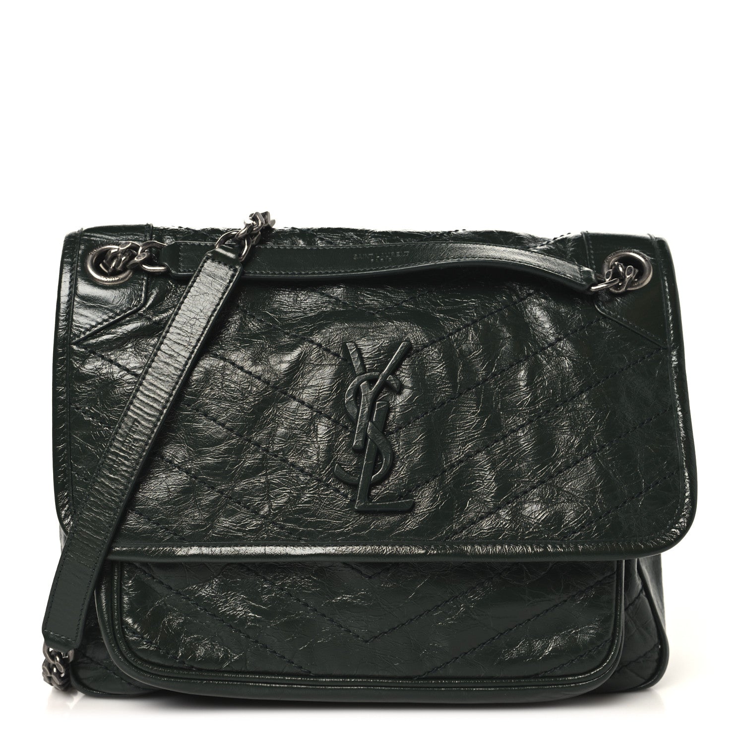 Saint Laurent Crinkled Lambskin Matelasse Monogram Medium Niki Chain Satchel Vert Fonce 1 of 10
