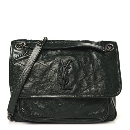 Saint Laurent Crinkled Lambskin Matelasse Monogram Medium Niki Chain Satchel Vert Fonce 1 of 10