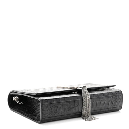 Saint Laurent Calfskin Crocodile Embossed Medium Classic Monogram Kate Tassel Satchel Black 4 of 10