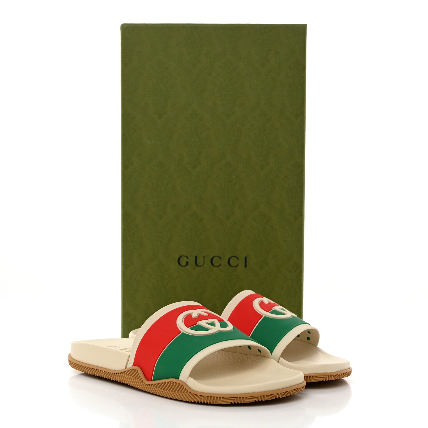 Gucci Rubber Web Womens Interlocking G Slide Sandals 39 Mystic White Green Red 9 of 9