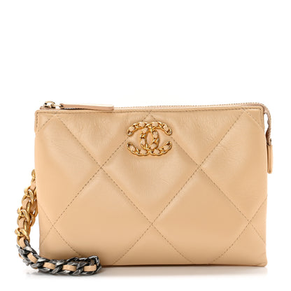 Chanel Shiny Goatskin Quilted Chanel 19 Small Pouch With Handle Beige 1 of 10