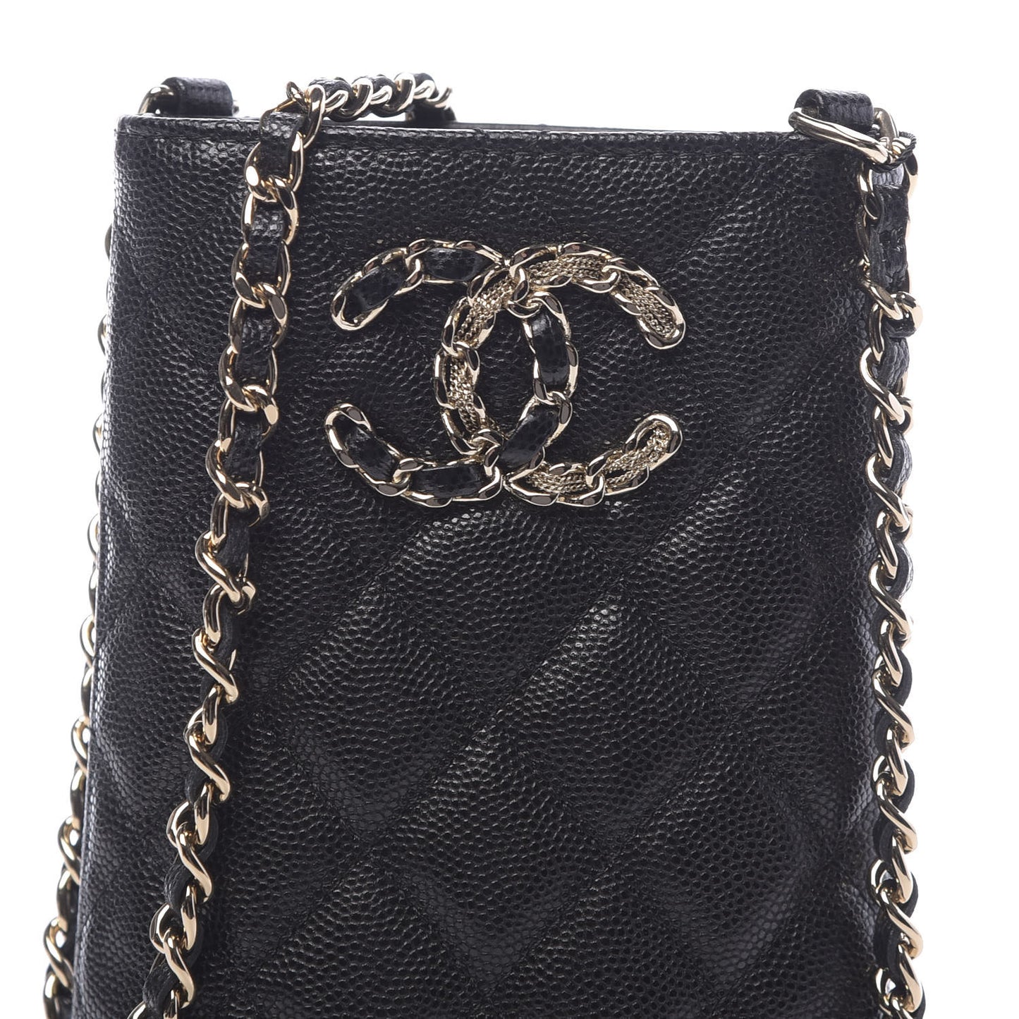 Caviar Quilted French New Wave Phone Holder With Chain Black