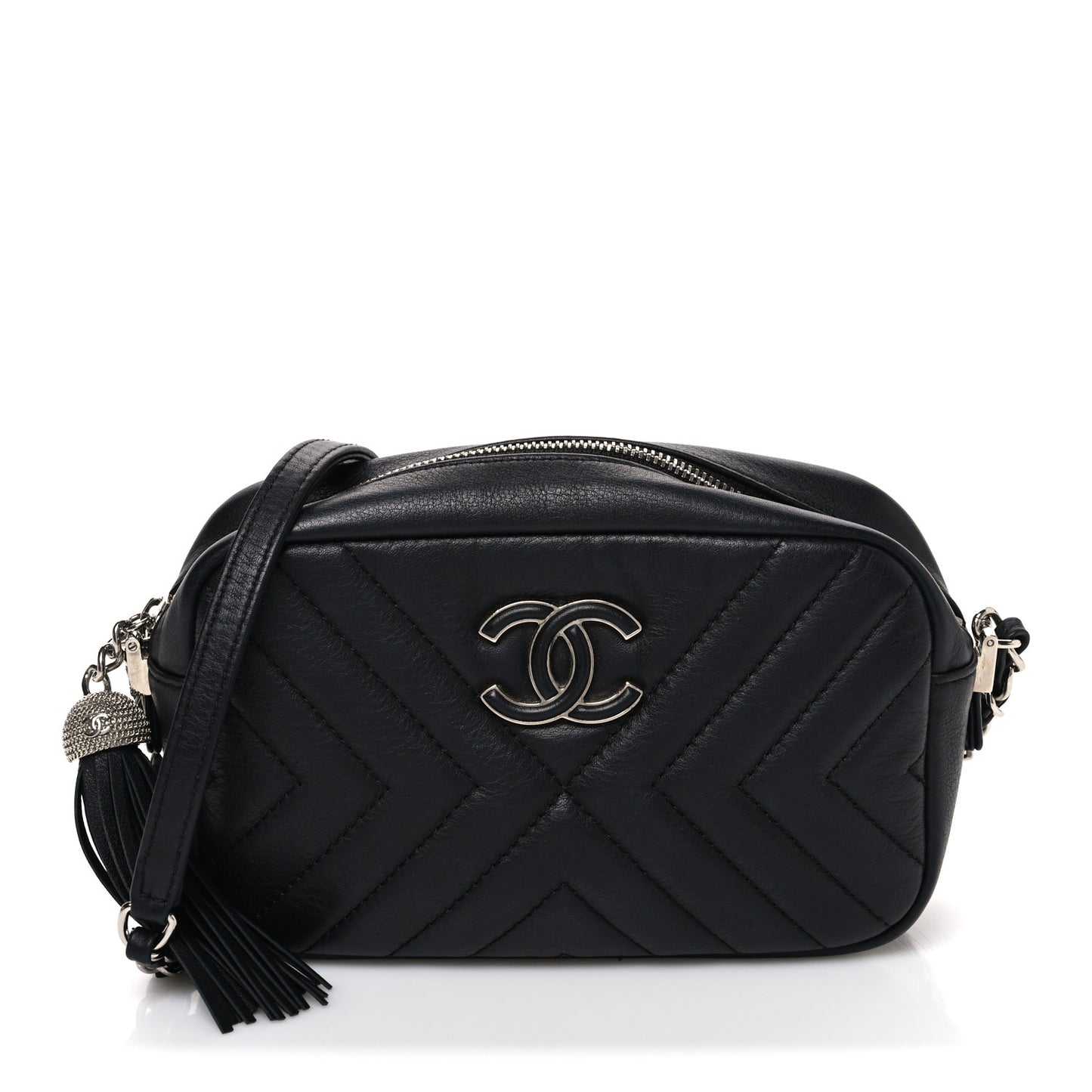 Calfskin Diagonal Chevron Quilted Tassel Camera Case Black