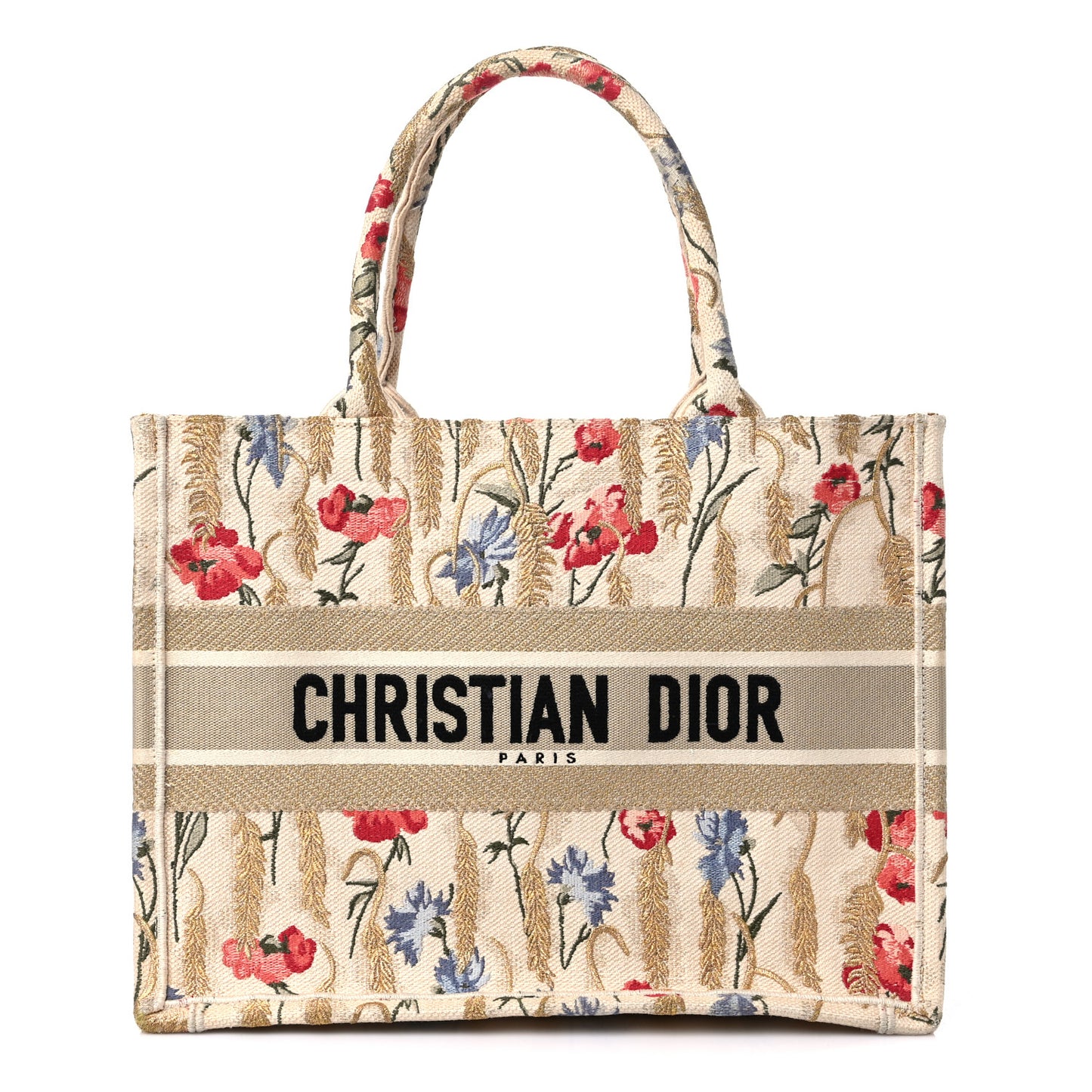 Canvas Embroidered Medium Hibiscus Book Tote Beige Multicolor