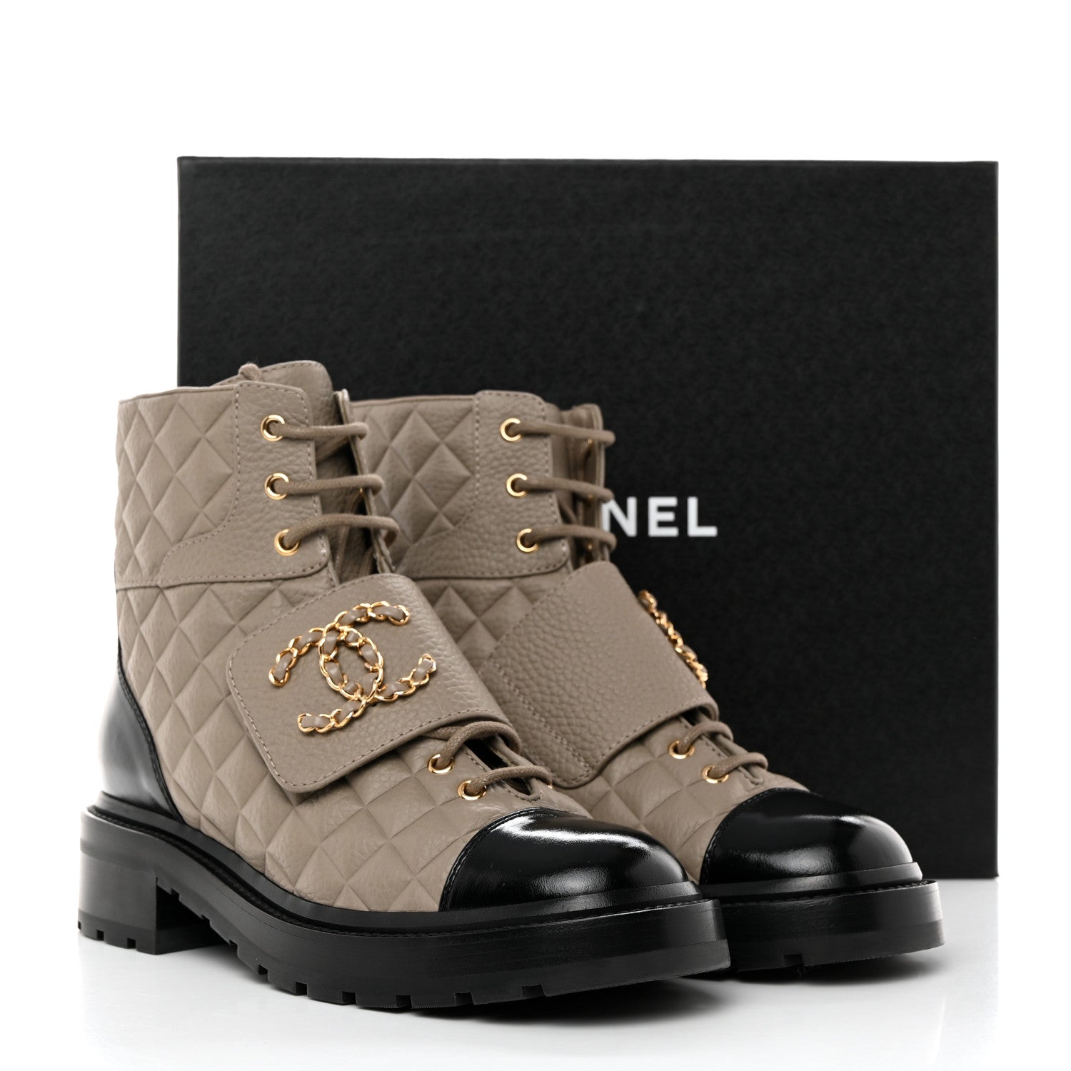 Chanel Calfskin Shiny Calfskin Quilted Lace Up Combat Boots 39 Dark Beige Black 9 of 9