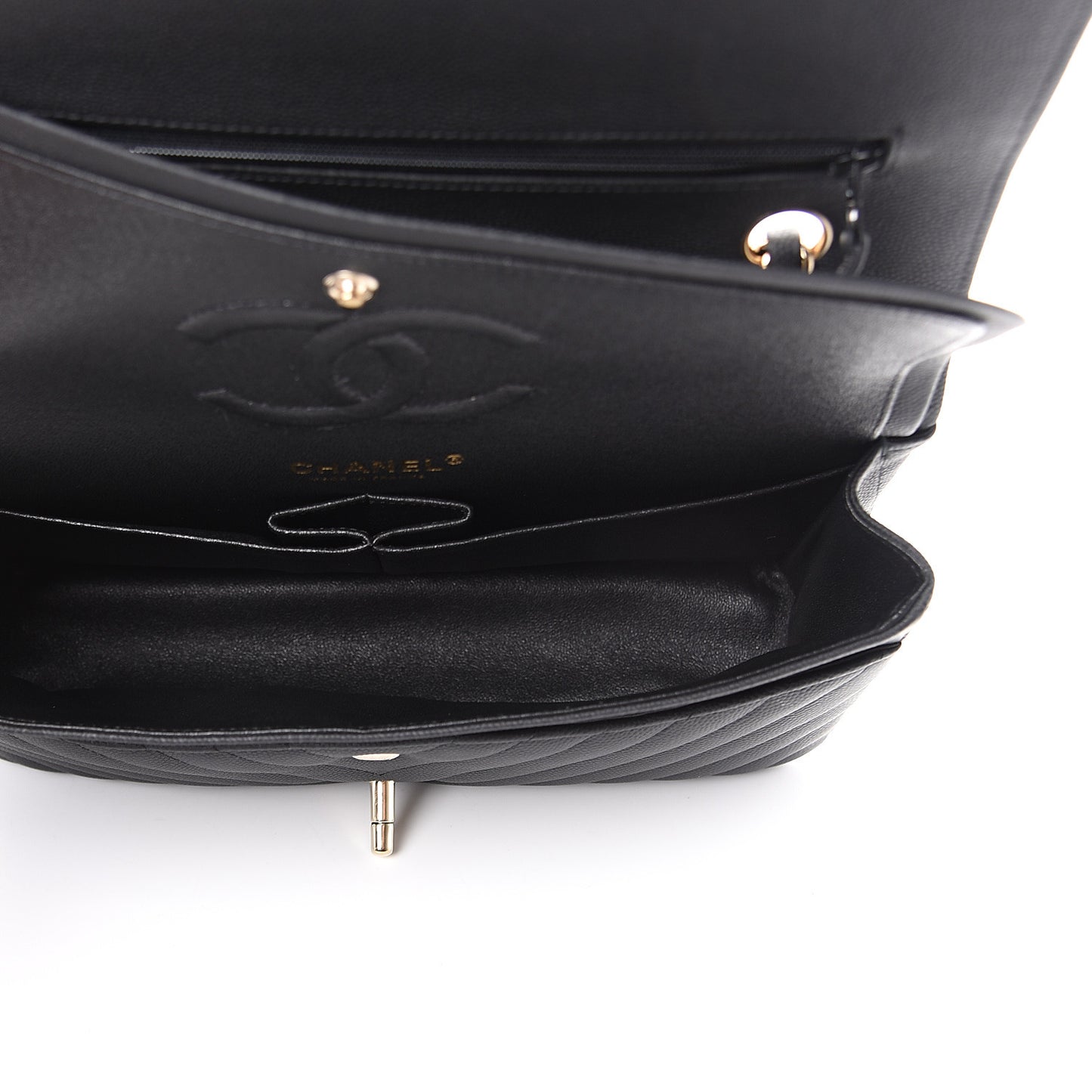 Caviar Chevron Quilted Medium Double Flap Black