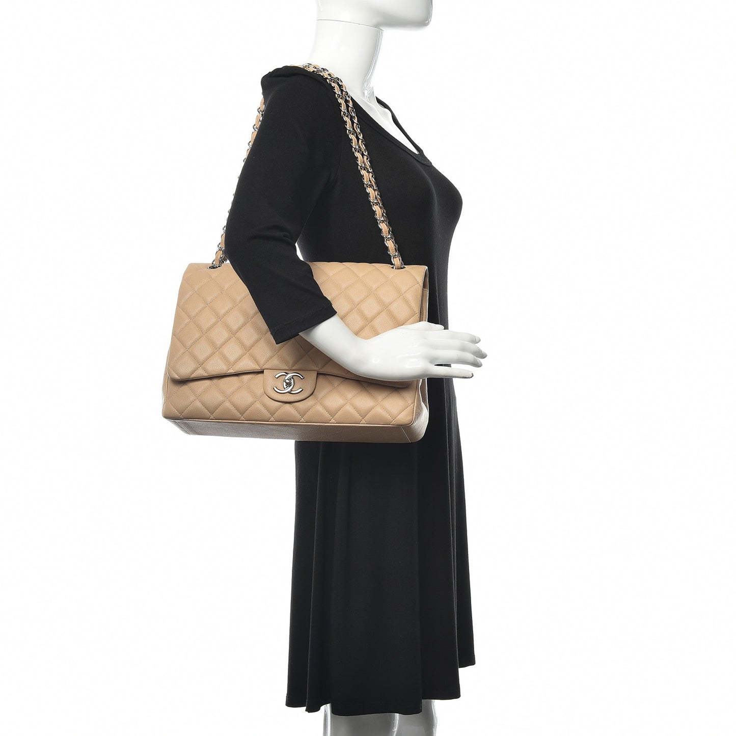Caviar Quilted Maxi Double Flap Beige
