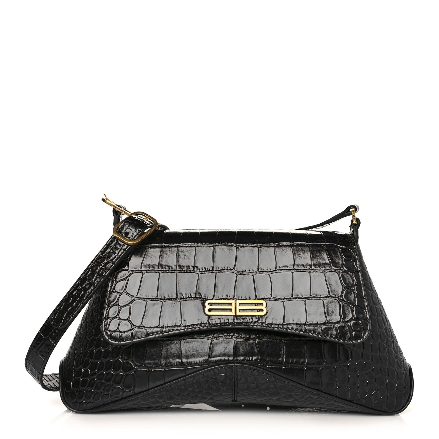 Shiny Super Supple Calfskin Crocodile Embossed Medium XX Flap Bag Black