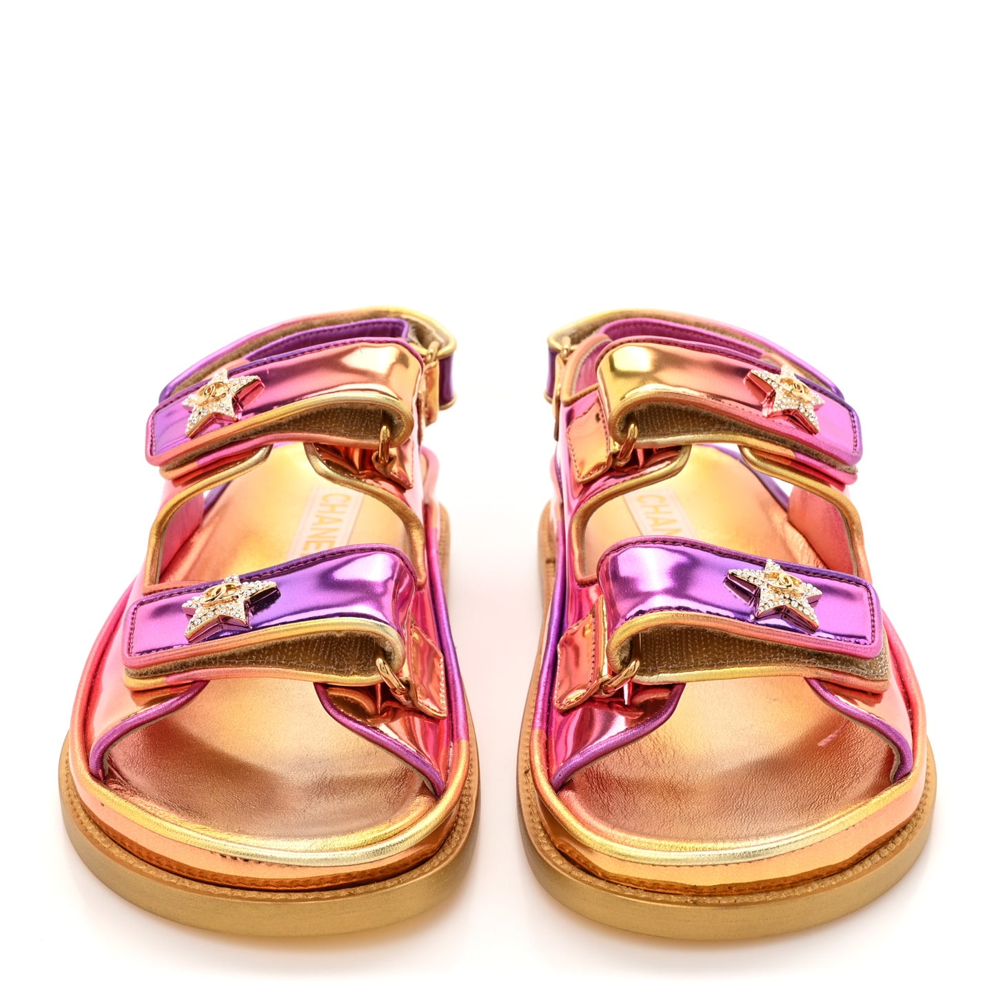 Metallic Laminated Calfskin Crystal Star CC Velcro Dad Sandals 36 Pink Orange Yellow