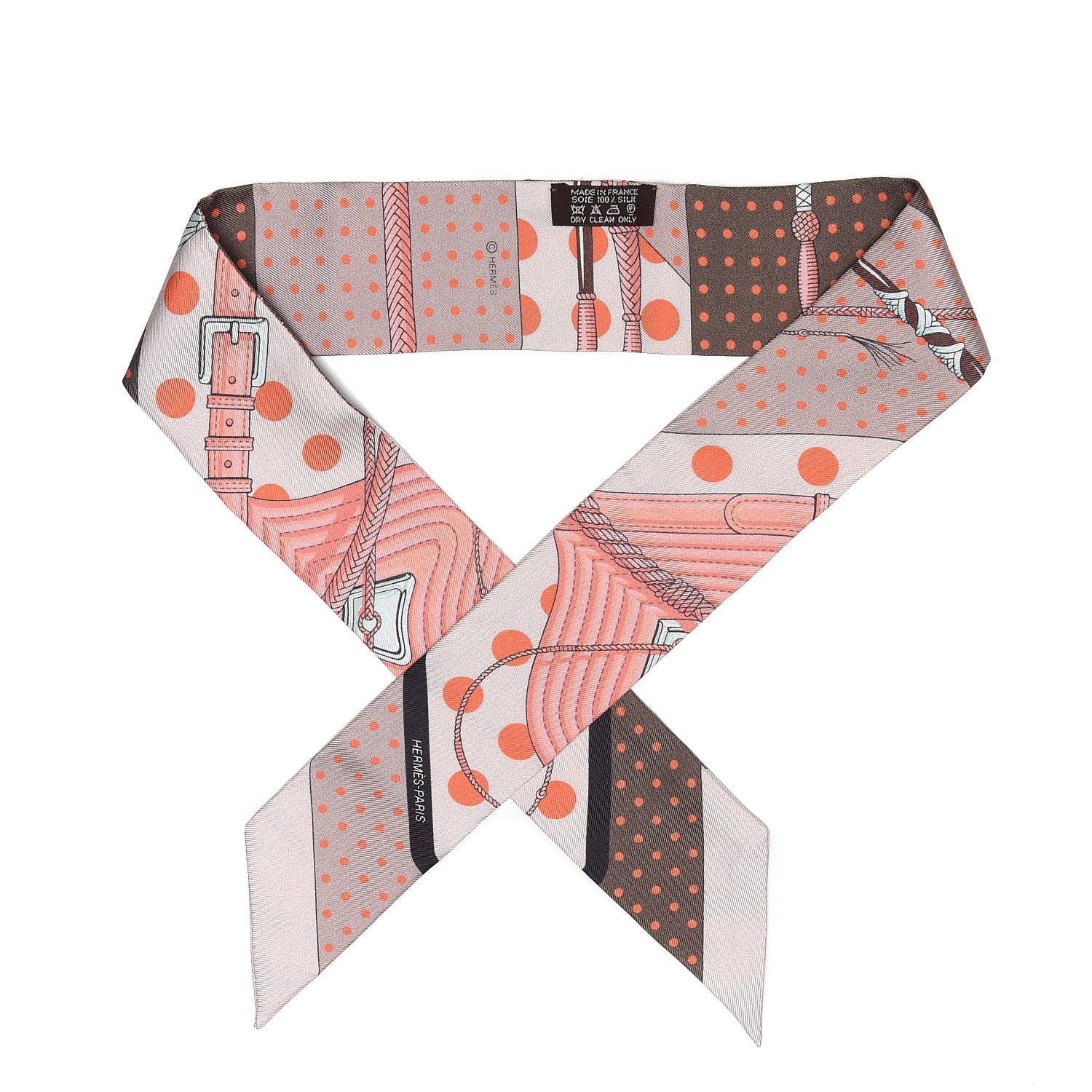 Hermes Silk Clic Clac a Pois Twilly Rose Nacre Marron Corail 1 of 4