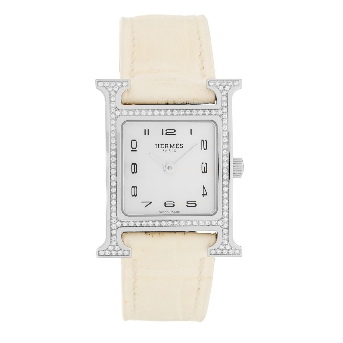 Hermes Stainless Steel Alligator Diamond Bezel Mother of Pearl 21mm Heure H Hour Quartz Watch Blanc 2 of 5
